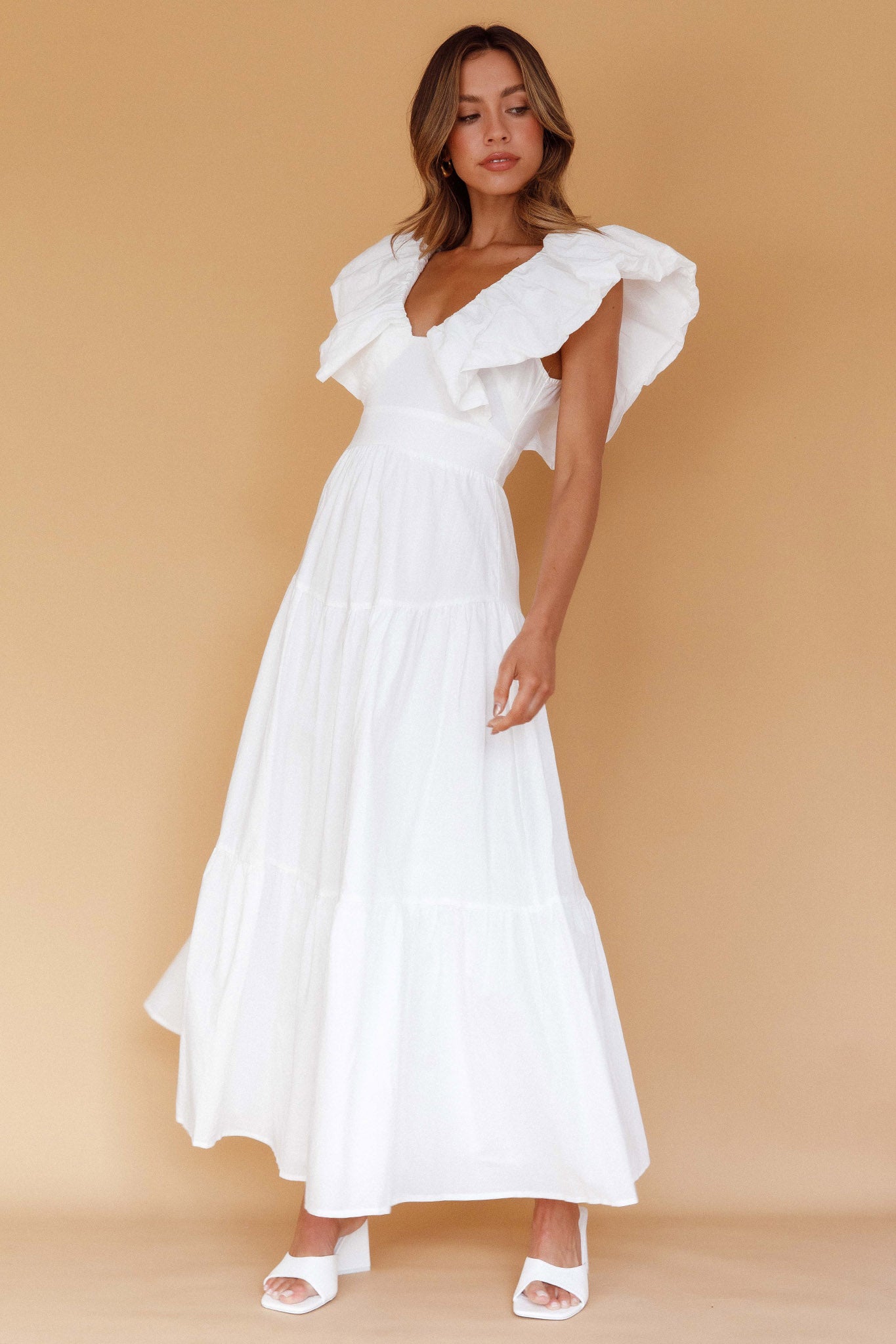 Kahlo Puffed Ruffle Neckline Maxi Dress White Kahlo Puffed Ruffle Neckline Maxi Dress White