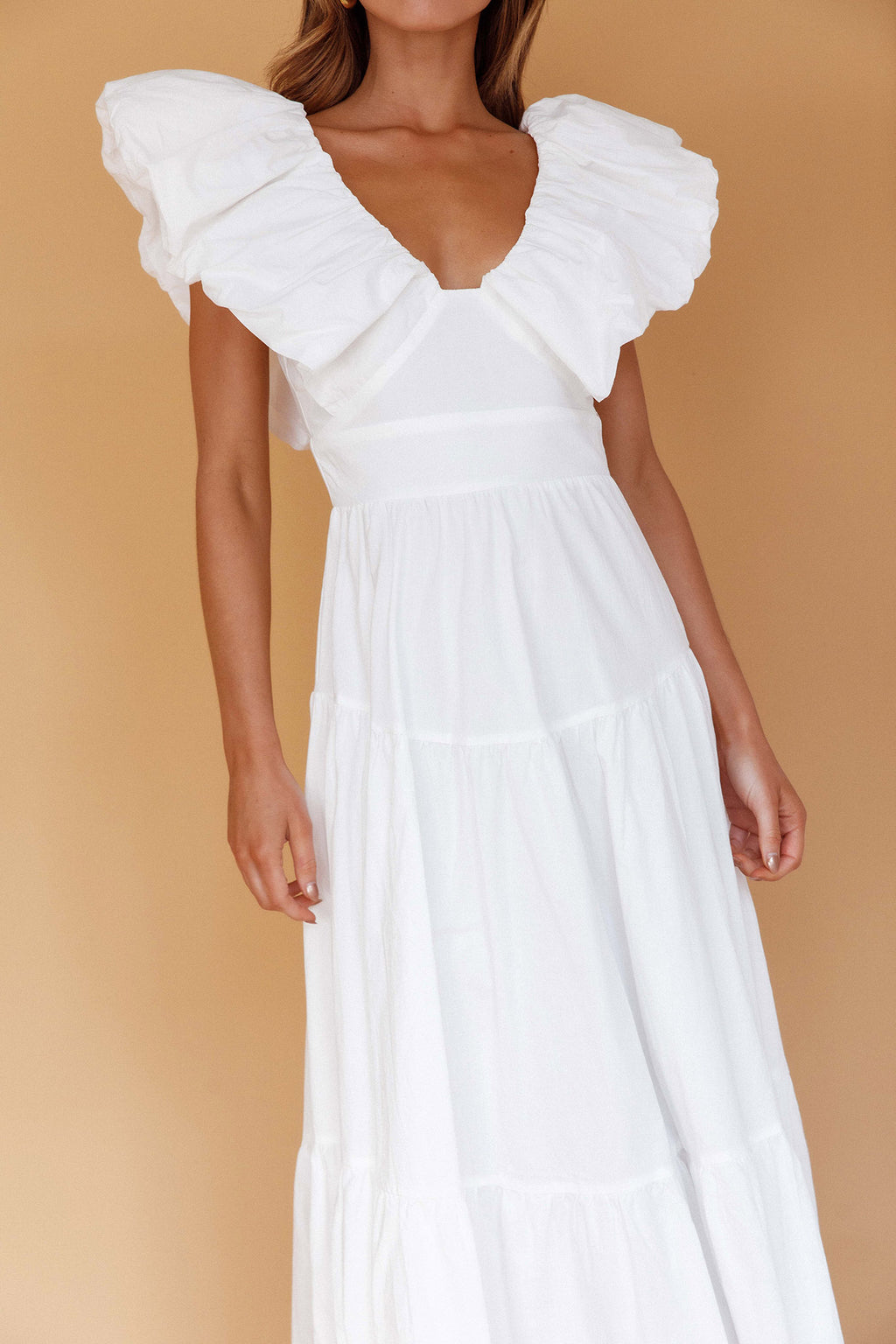 Kahlo Puffed Ruffle Neckline Maxi Dress White by Selfie Leslie