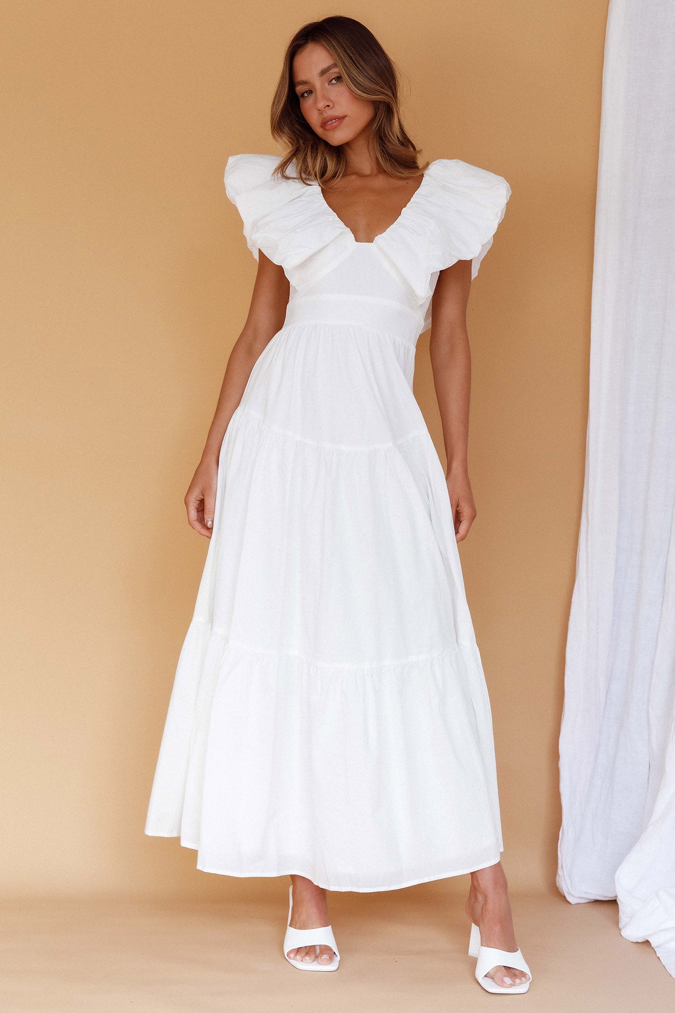 Kahlo Puffed Ruffle Neckline Maxi Dress White by Selfie Leslie