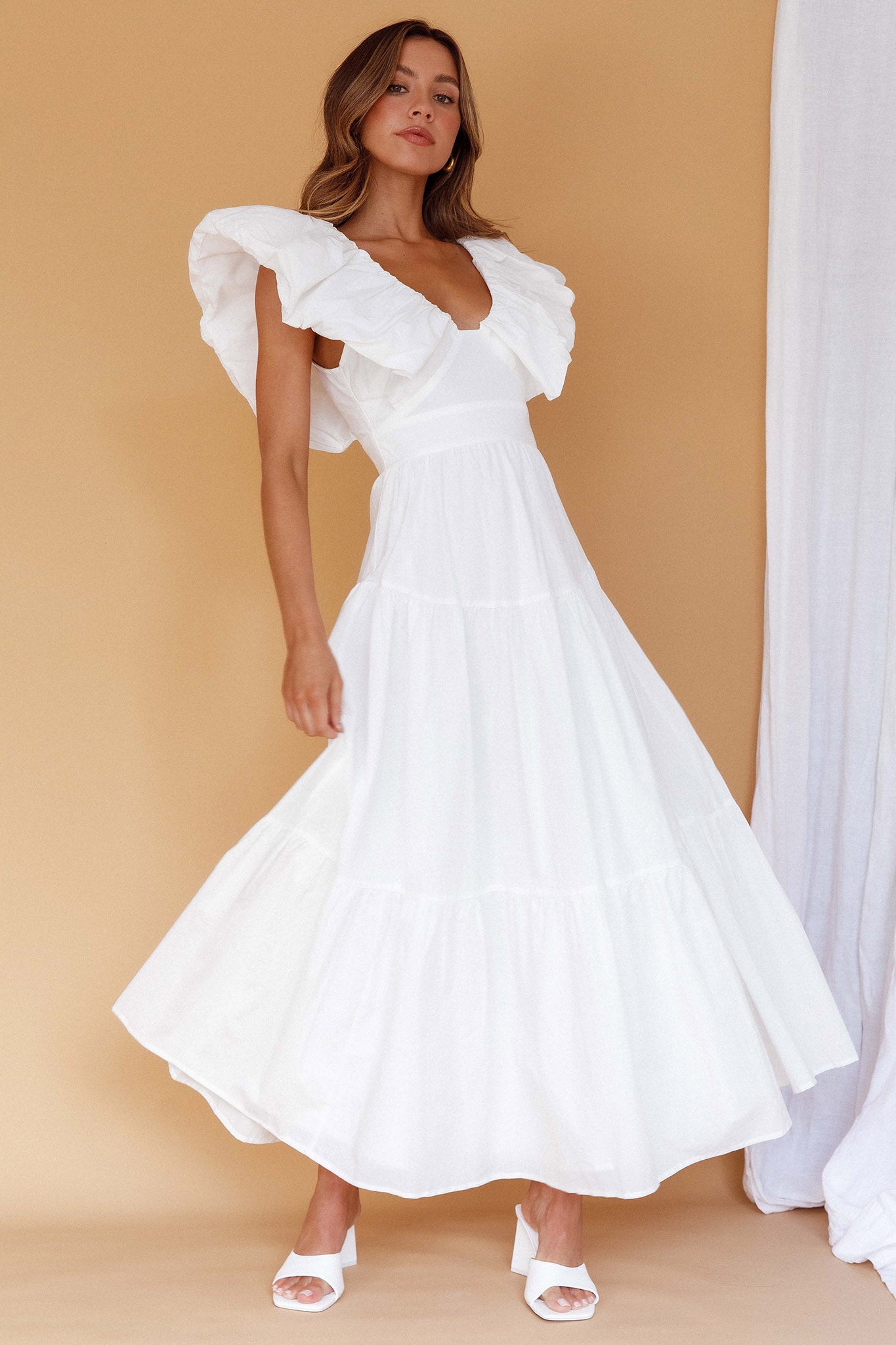 Shop the Kahlo Puffed Ruffle Neckline Maxi Dress White