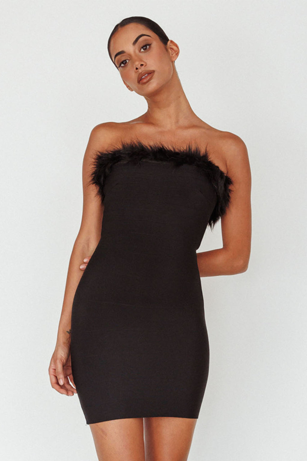 Cherri Fur Trim Mini Dress Electric Black by Selfie Leslie