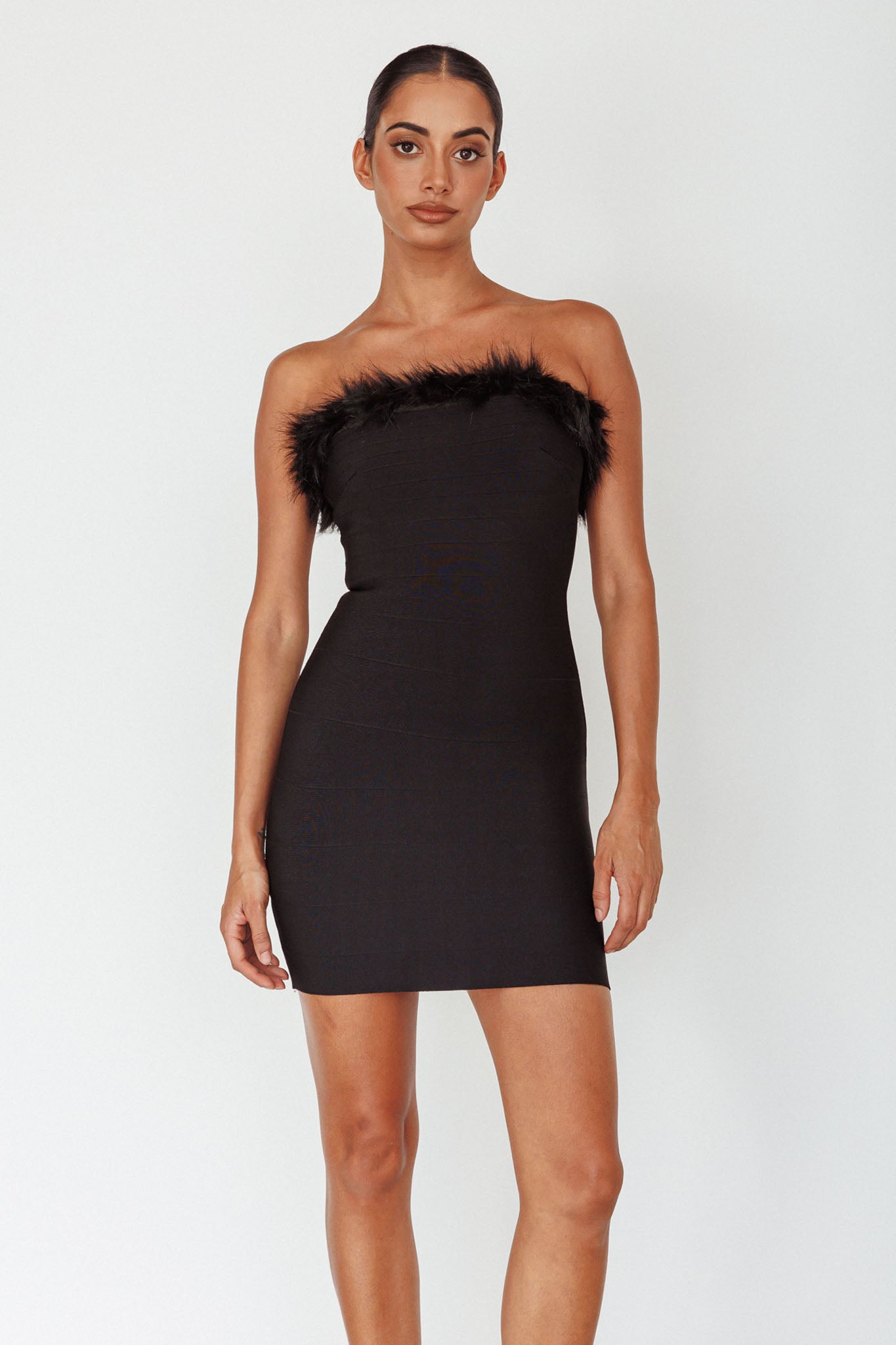 Cherri Fur Trim Mini Dress Electric Black by Selfie Leslie