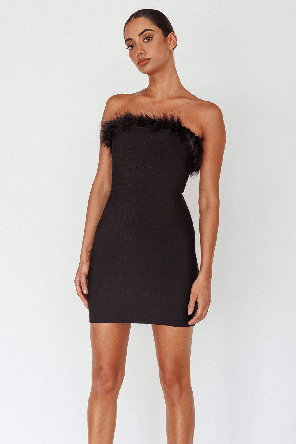Cherri Fur Trim Mini Dress Electric Black by Selfie Leslie