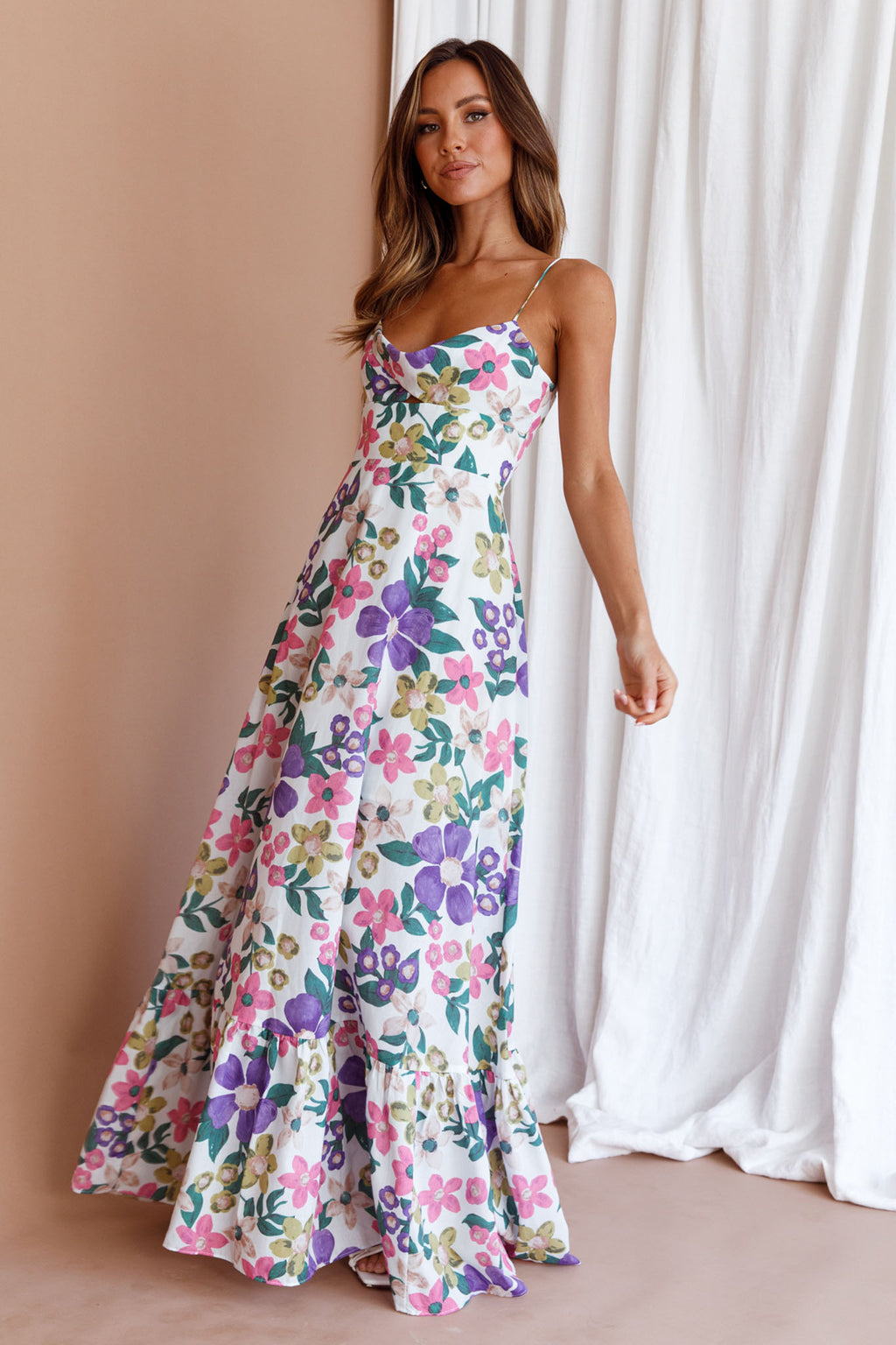 Beachside Flounce Hem Maxi Dress White Floral by Selfie Leslie