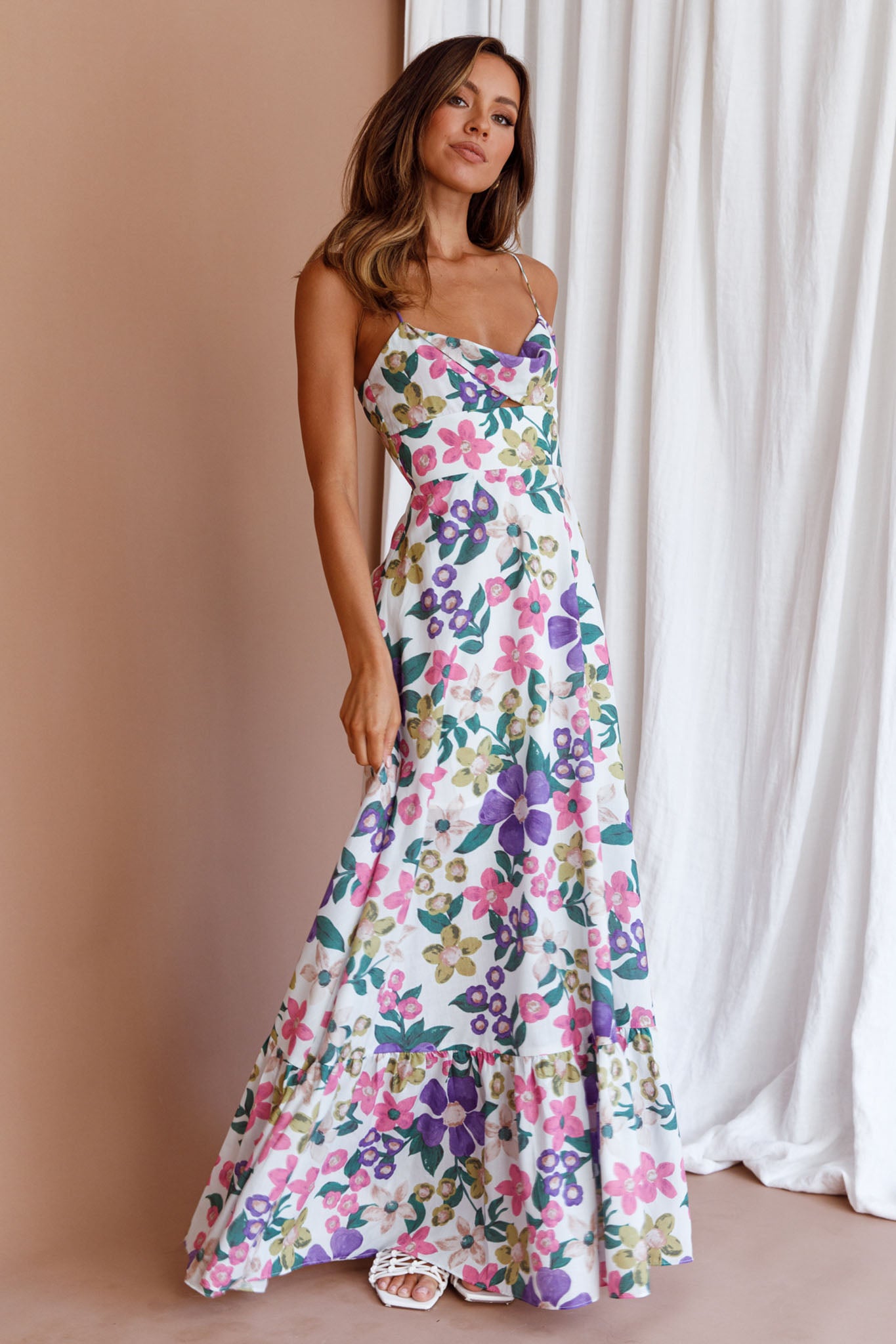 Beachside Flounce Hem Maxi Dress White Floral by Selfie Leslie