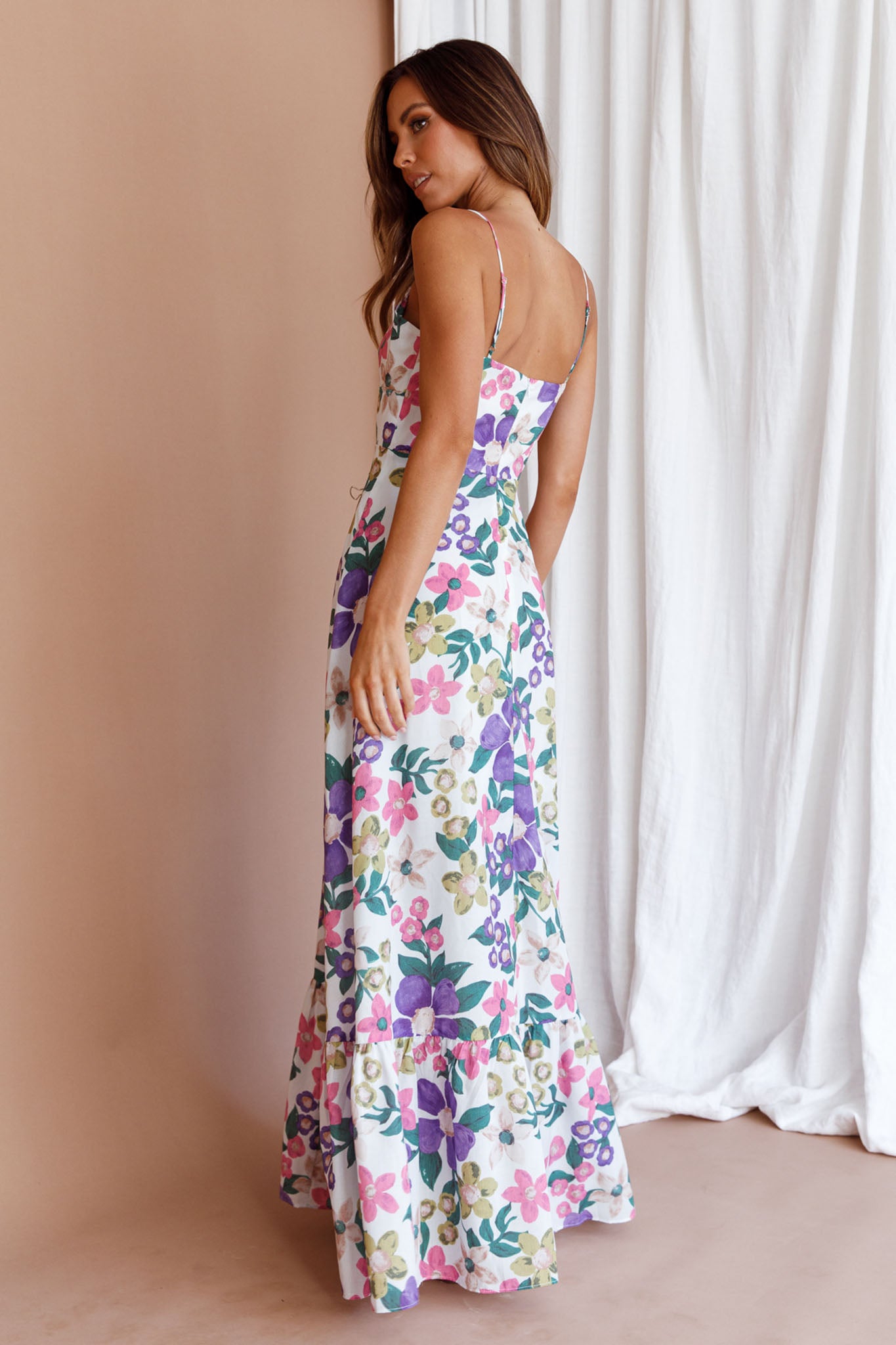 Beachside Flounce Hem Maxi Dress White Floral by Selfie Leslie
