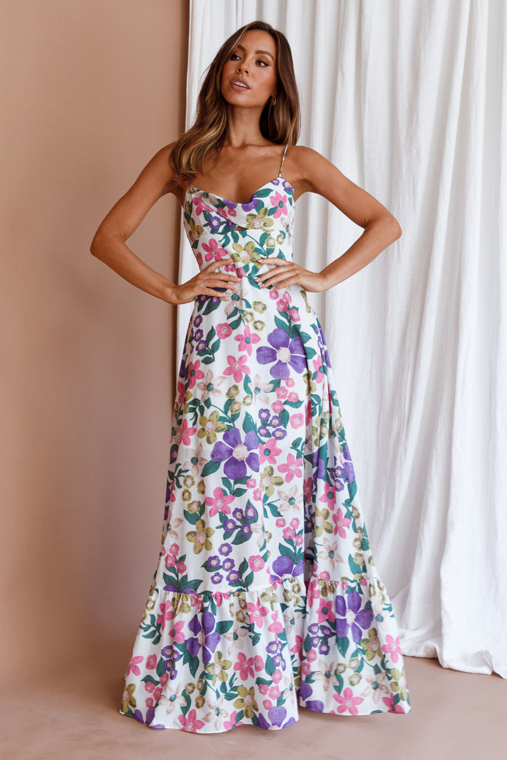 Beachside Flounce Hem Maxi Dress White Floral by Selfie Leslie