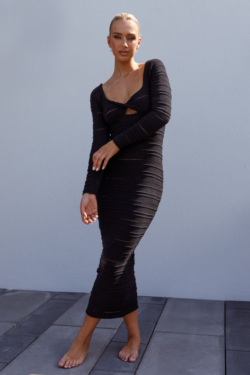 Beachside Crochet Knit Long Sleeve Midi Dress Black by Selfie Leslie