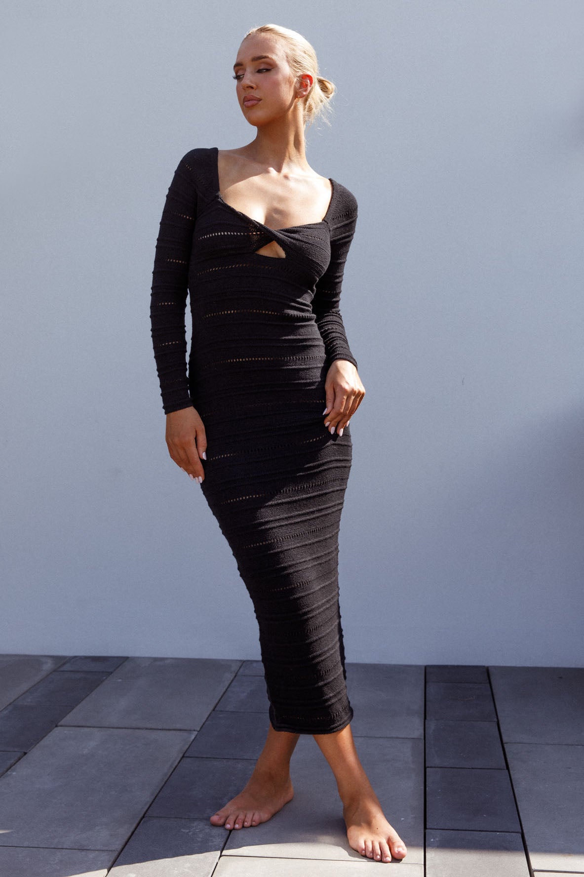 Beachside Crochet Knit Long Sleeve Midi Dress Black by Selfie Leslie