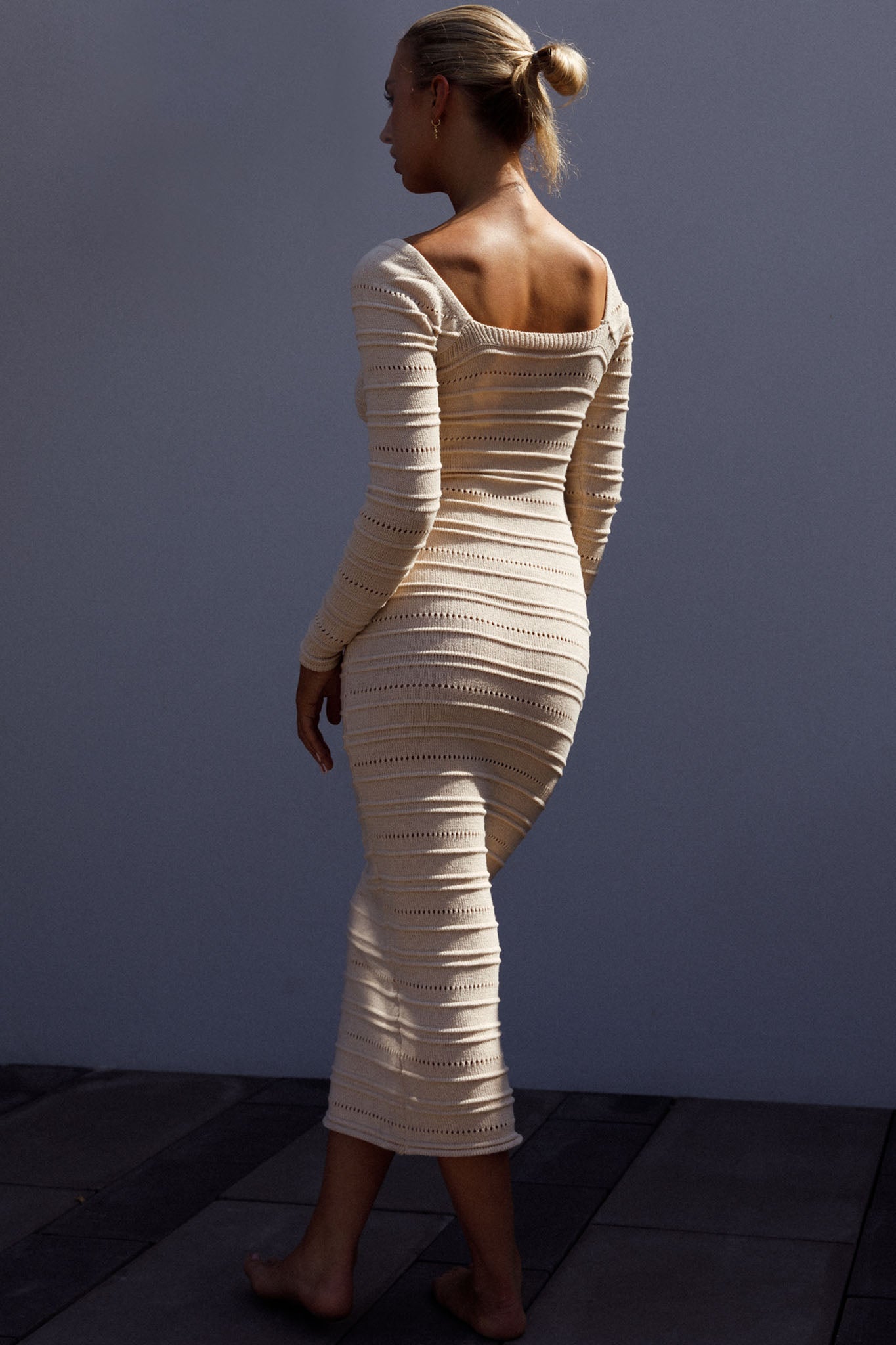 Beachside Crochet Knit Long Sleeve Midi Dress Oat by Selfie Leslie