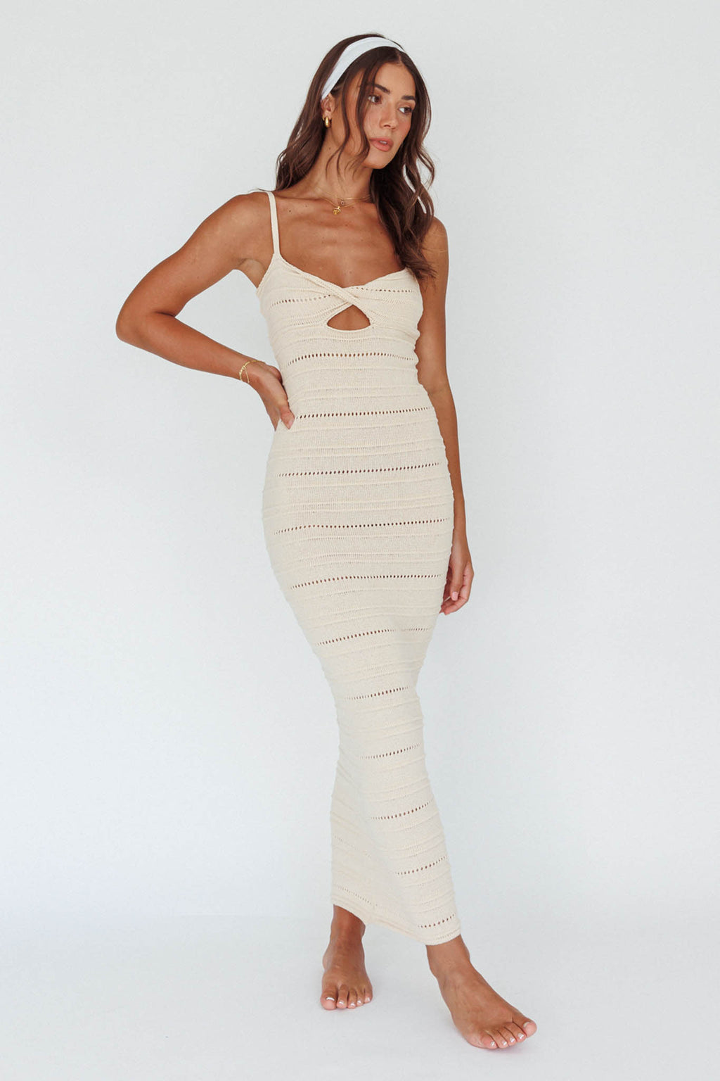 Beachside Crochet Knit Maxi Dress Oat by Selfie Leslie