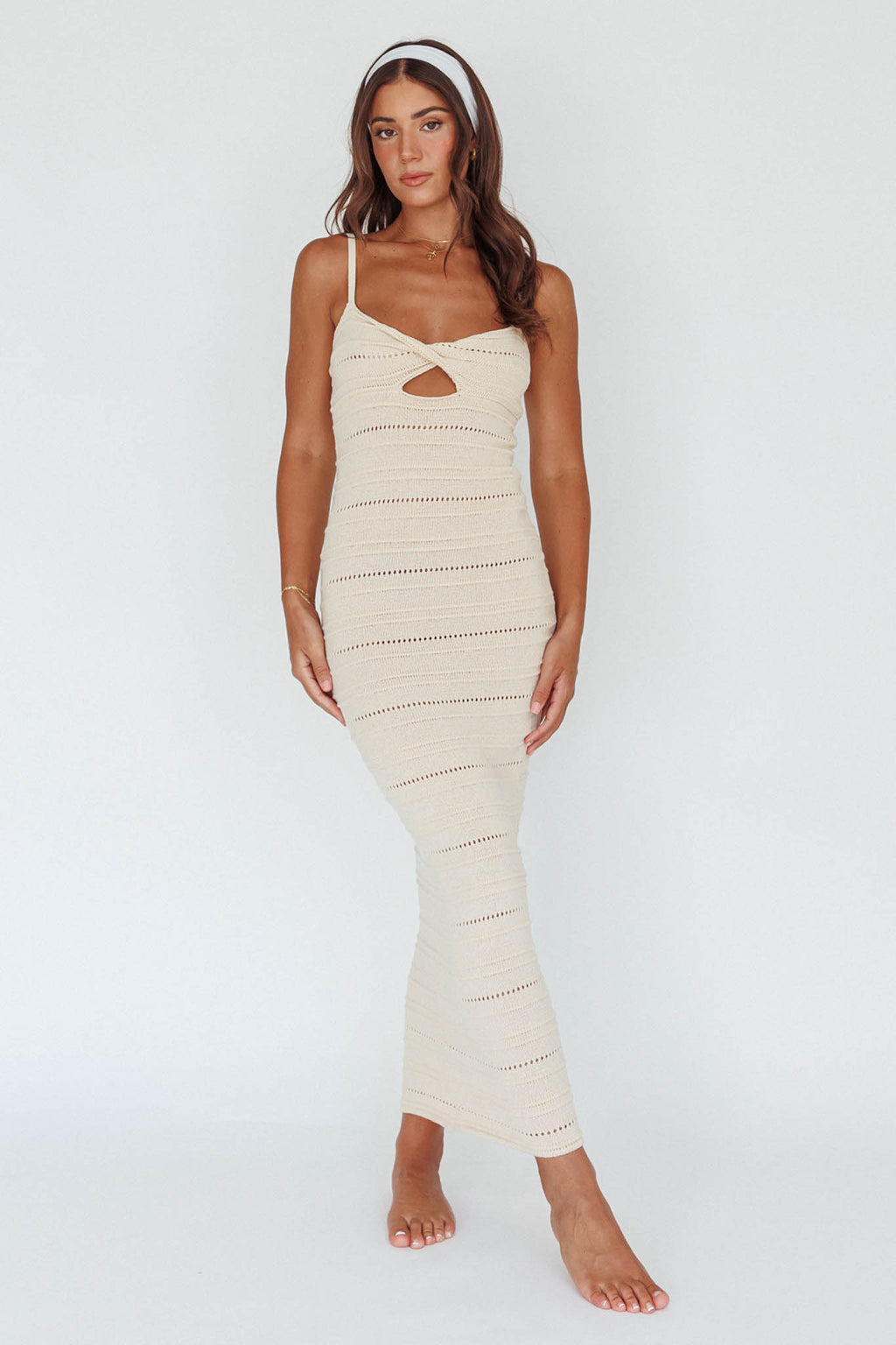 Beachside Crochet Knit Maxi Dress Oat by Selfie Leslie