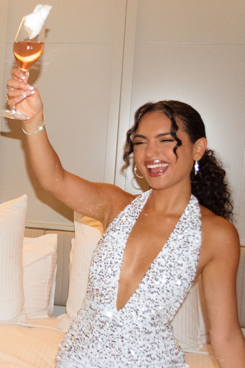 Zurie Plunging Halter Mini Dress Sequin White by Selfie Leslie