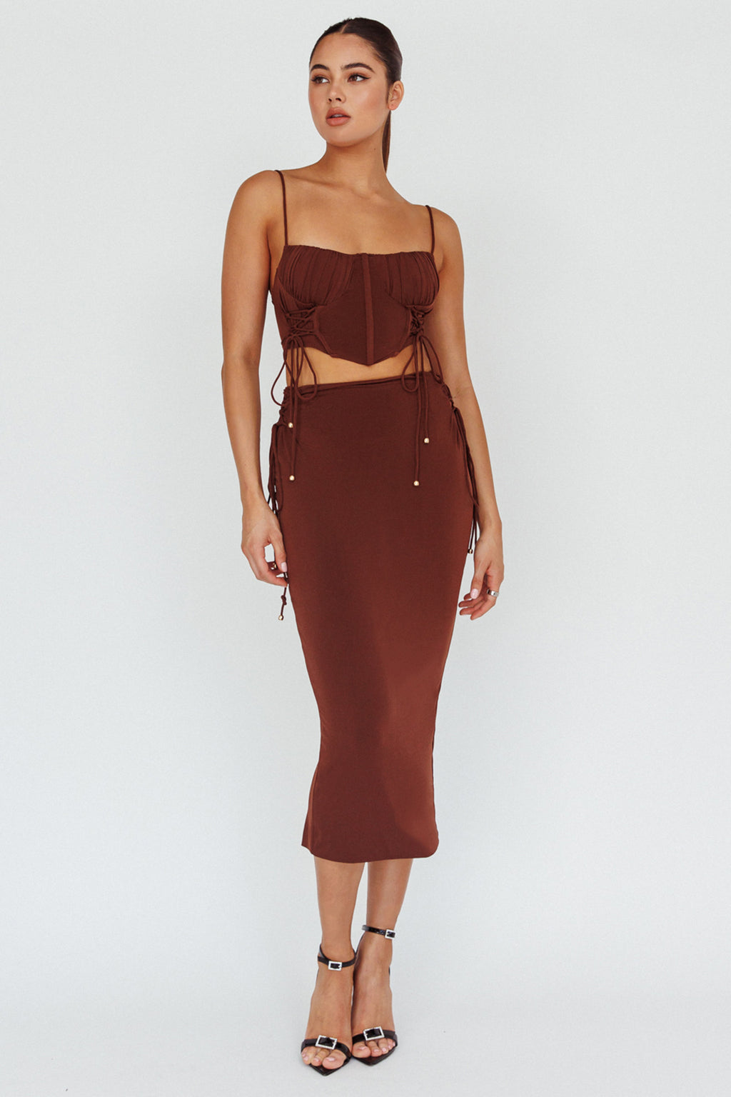 Graziella Lace Up Midi Skirt Chocolate by Selfie Leslie