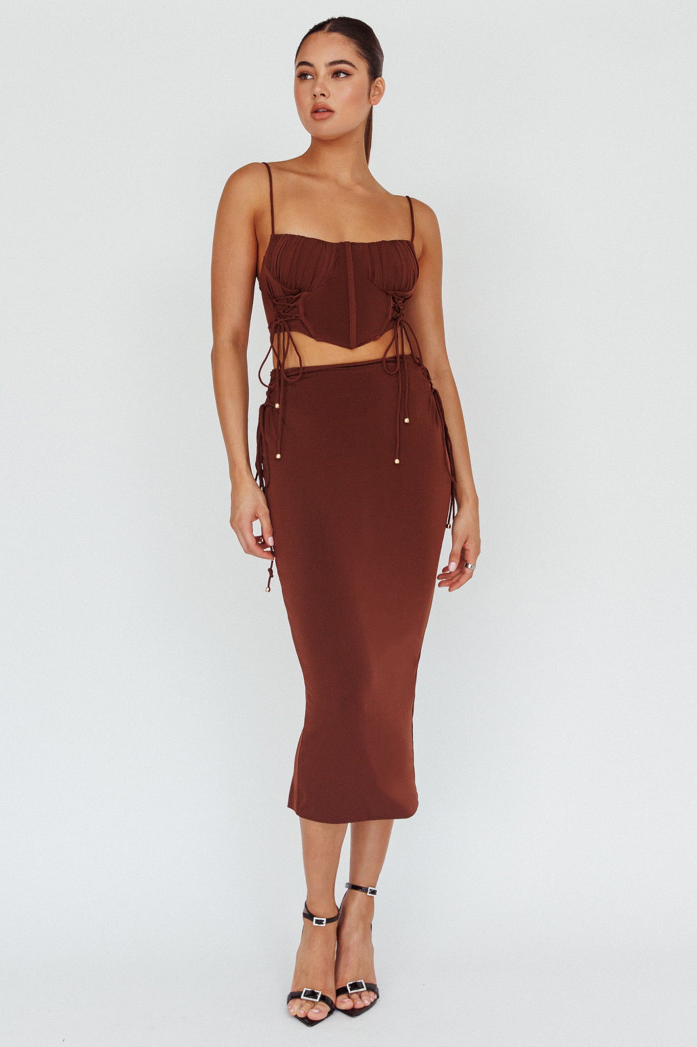 Graziella Lace Up Midi Skirt Chocolate by Selfie Leslie