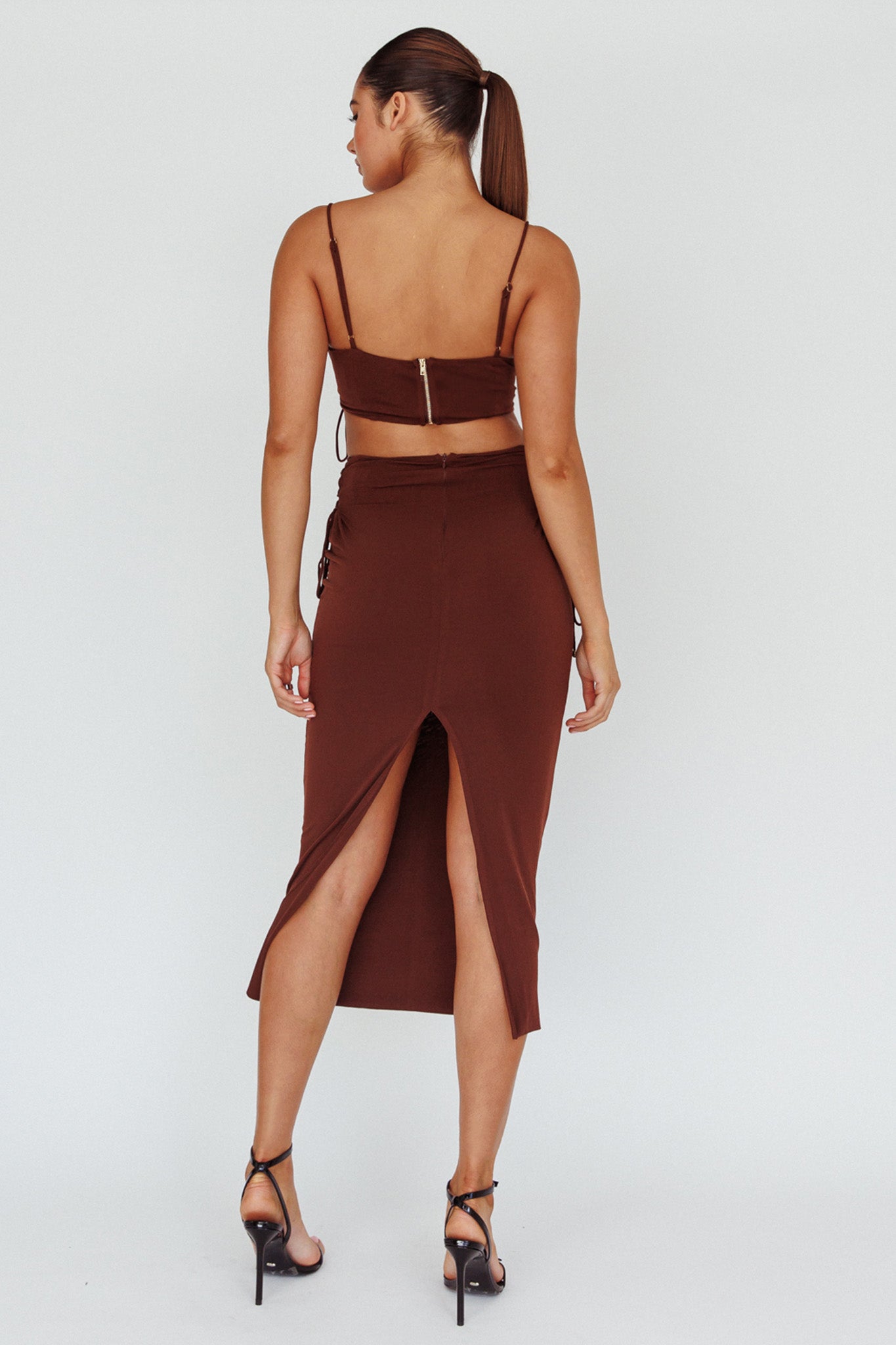 Graziella Lace Up Midi Skirt Chocolate by Selfie Leslie