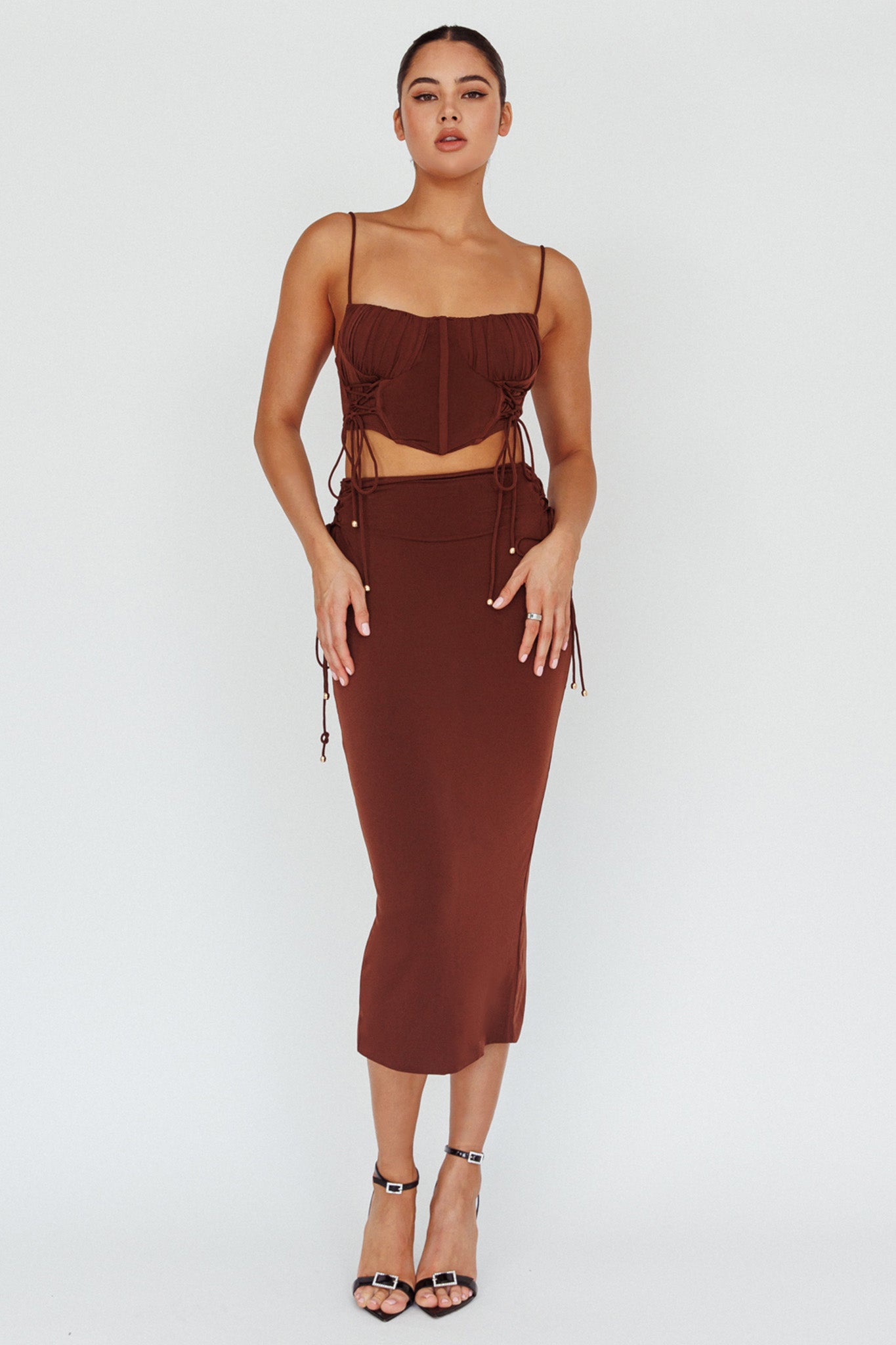 Graziella Lace Up Midi Skirt Chocolate by Selfie Leslie