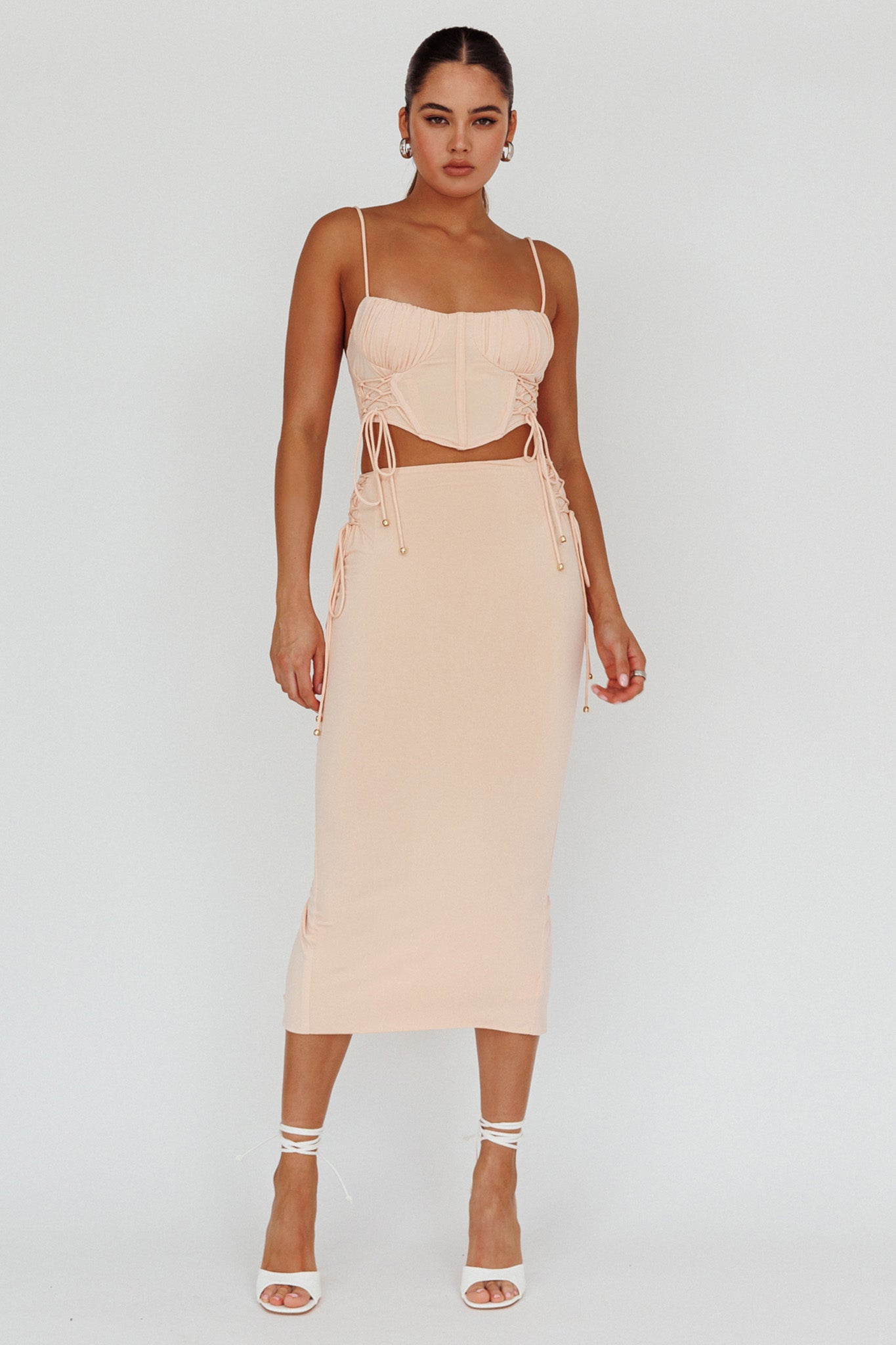 Graziella Lace Up Midi Skirt Egg Shell by Selfie Leslie
