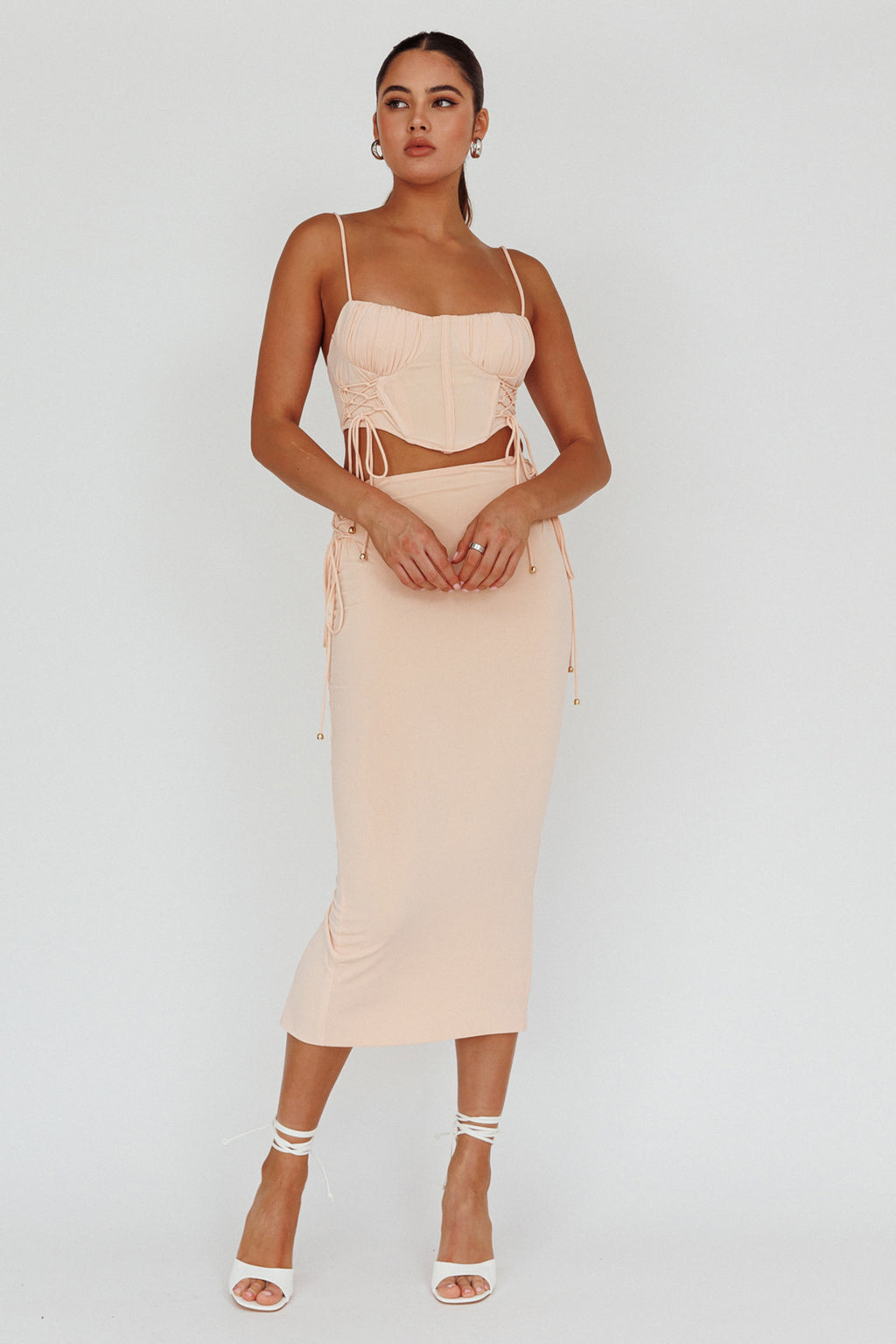 Graziella Lace Up Midi Skirt Egg Shell by Selfie Leslie