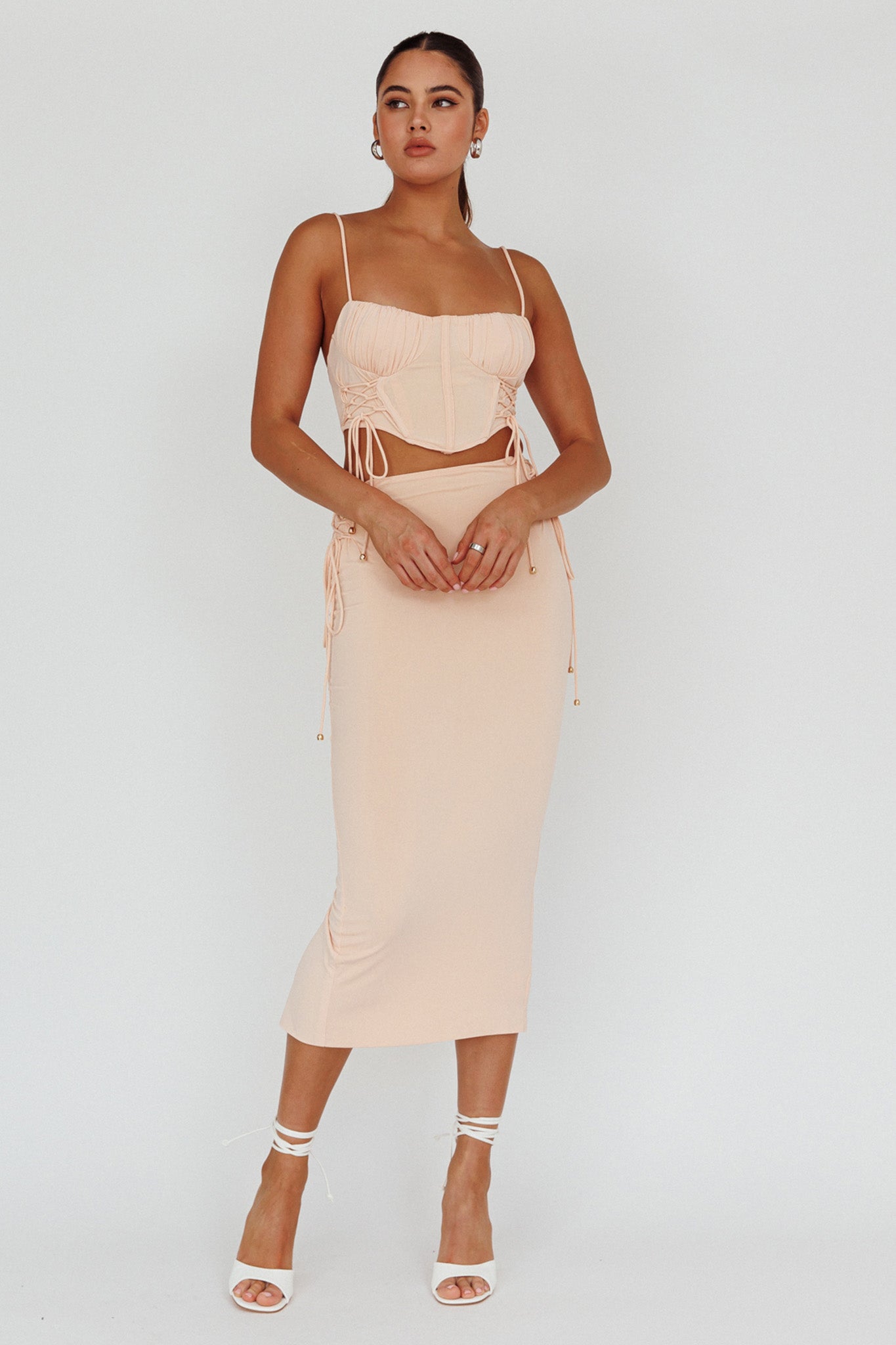 Graziella Lace Up Midi Skirt Egg Shell by Selfie Leslie