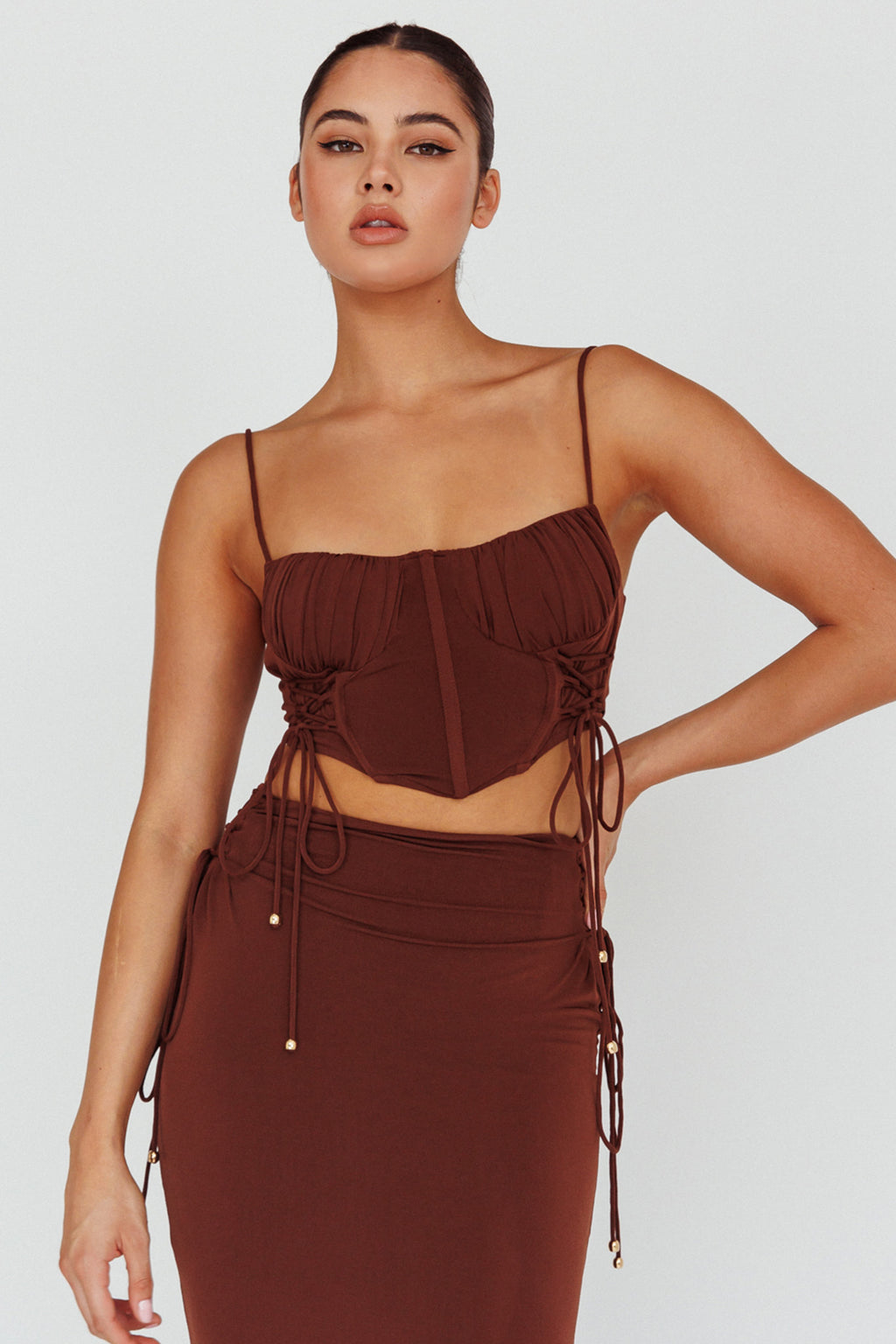 Graziella Corset Crop Top Chocolate by Selfie Leslie
