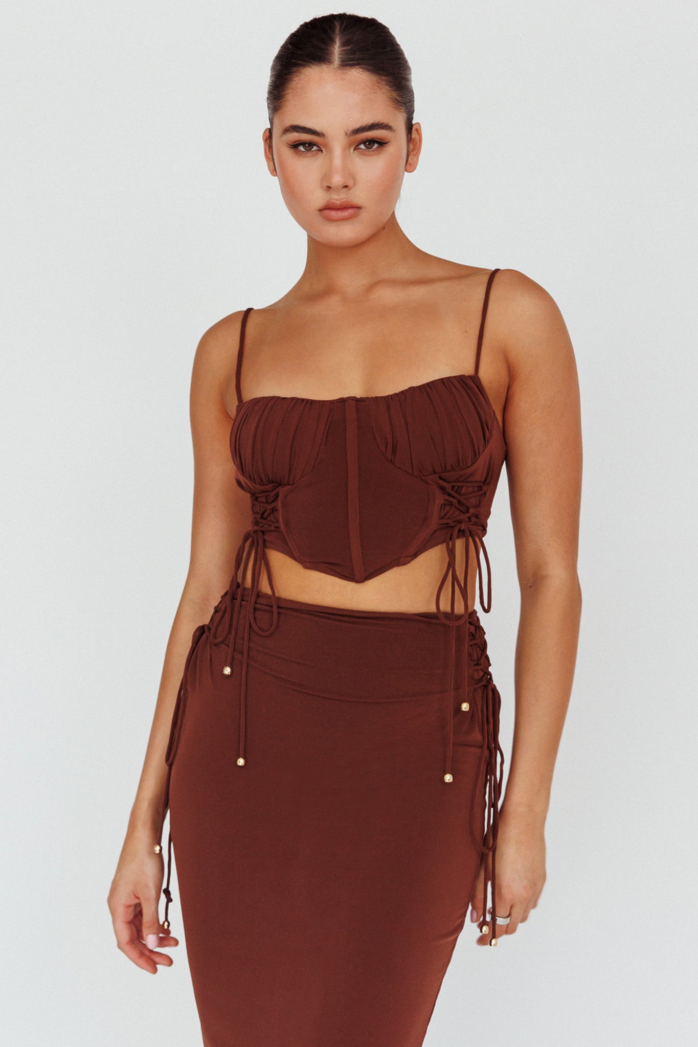 Graziella Corset Crop Top Chocolate by Selfie Leslie