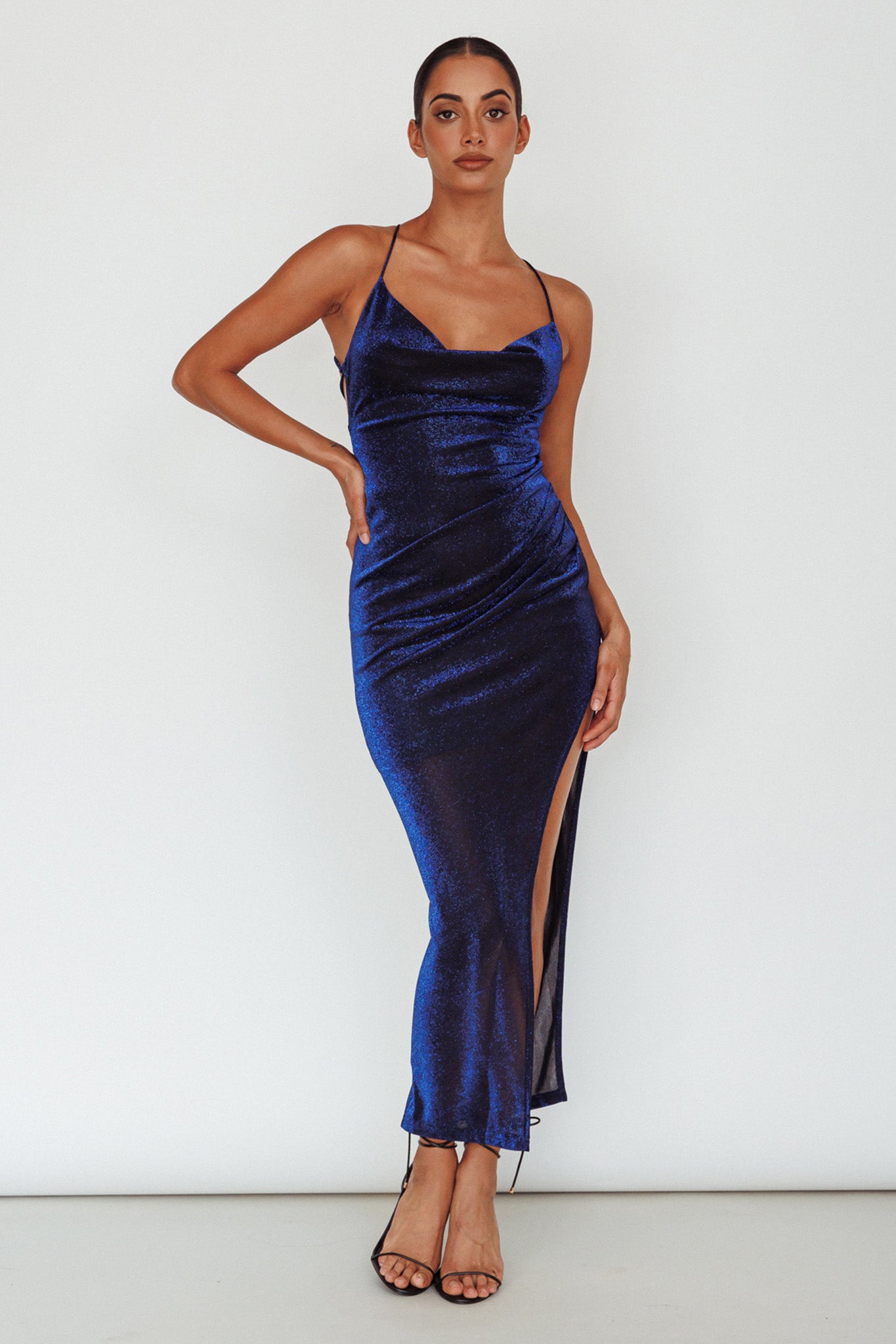 Moonstone Side Split Strappy Back Midi Dress Blue by Selfie Leslie