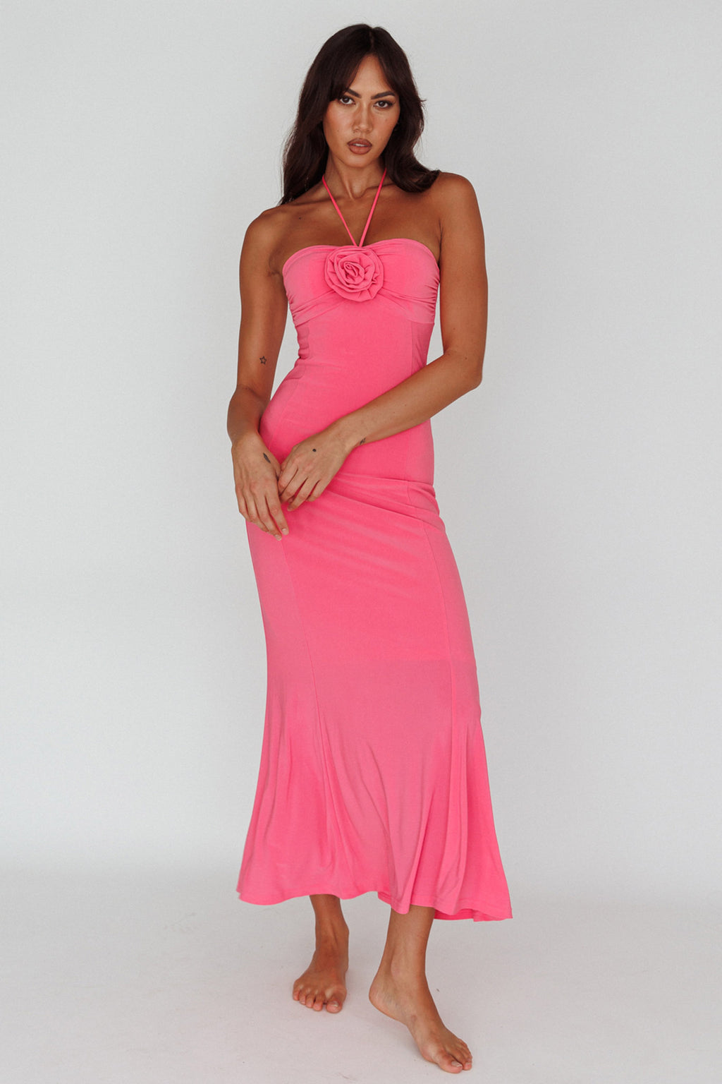 Ibiza Sunset Bust Flower Midi Dress Hot Pink - L Ibiza Sunset Bust Flower Midi Dress Hot Pink - L