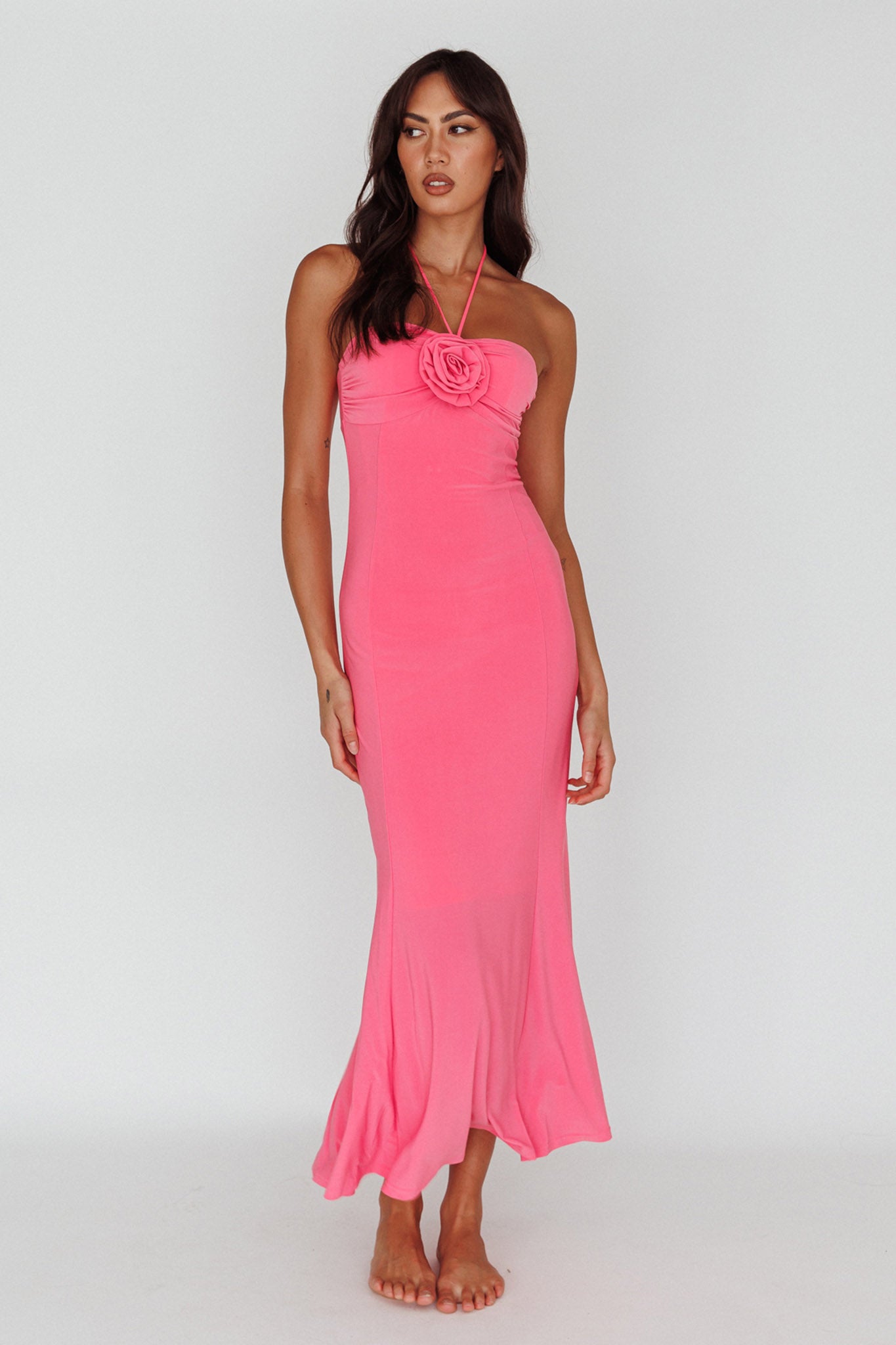 Ibiza Sunset Bust Flower Midi Dress Hot Pink by Selfie Leslie