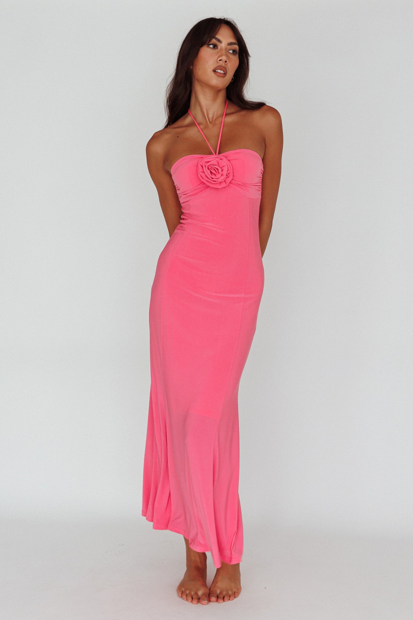 Ibiza Sunset Bust Flower Midi Dress Hot Pink by Selfie Leslie