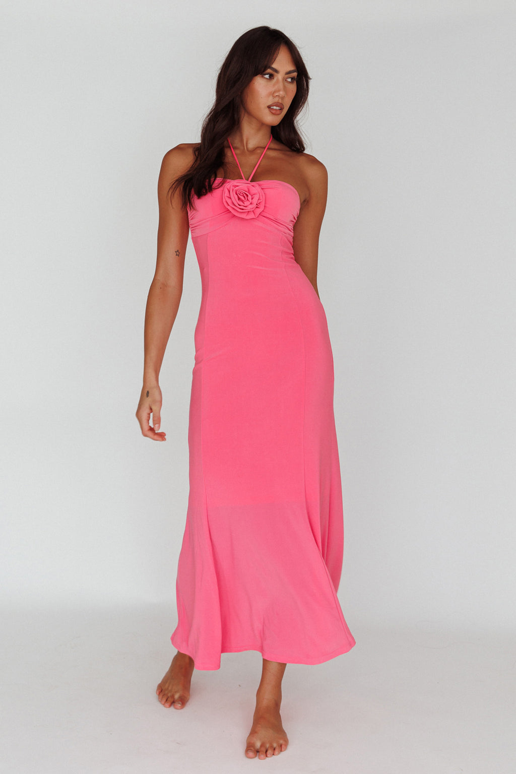 Ibiza Sunset Bust Flower Midi Dress Hot Pink by Selfie Leslie