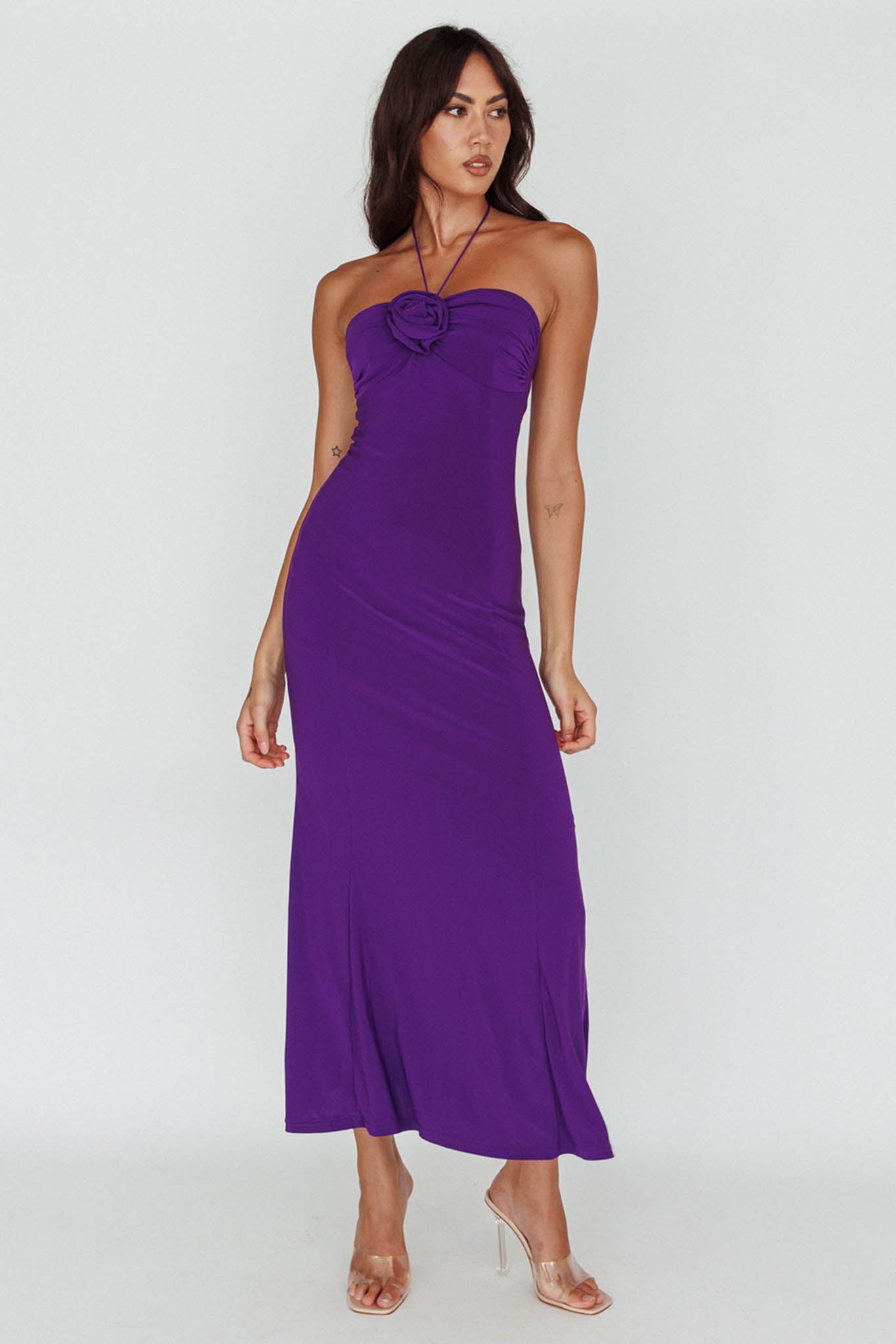 Ibiza Sunset Bust Flower Midi Dress Purple by Selfie Leslie