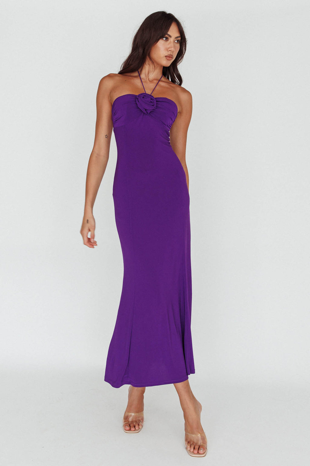Ibiza Sunset Bust Flower Midi Dress Purple by Selfie Leslie