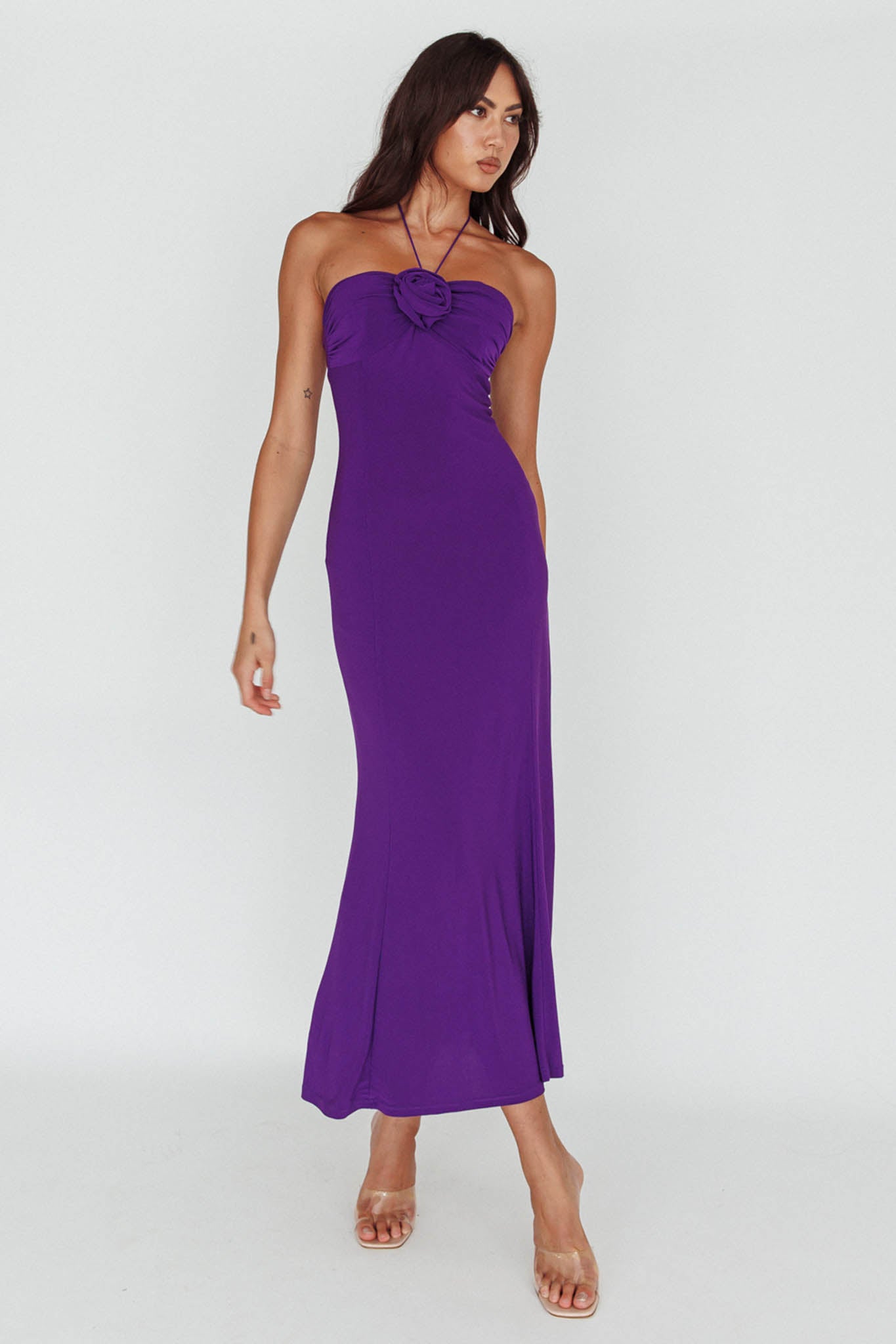 Ibiza Sunset Bust Flower Midi Dress Purple by Selfie Leslie