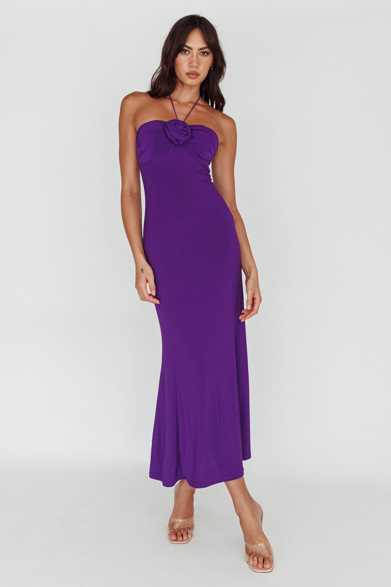 Ibiza Sunset Bust Flower Midi Dress Purple by Selfie Leslie
