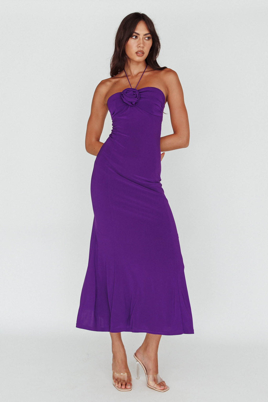 Ibiza Sunset Bust Flower Midi Dress Purple by Selfie Leslie