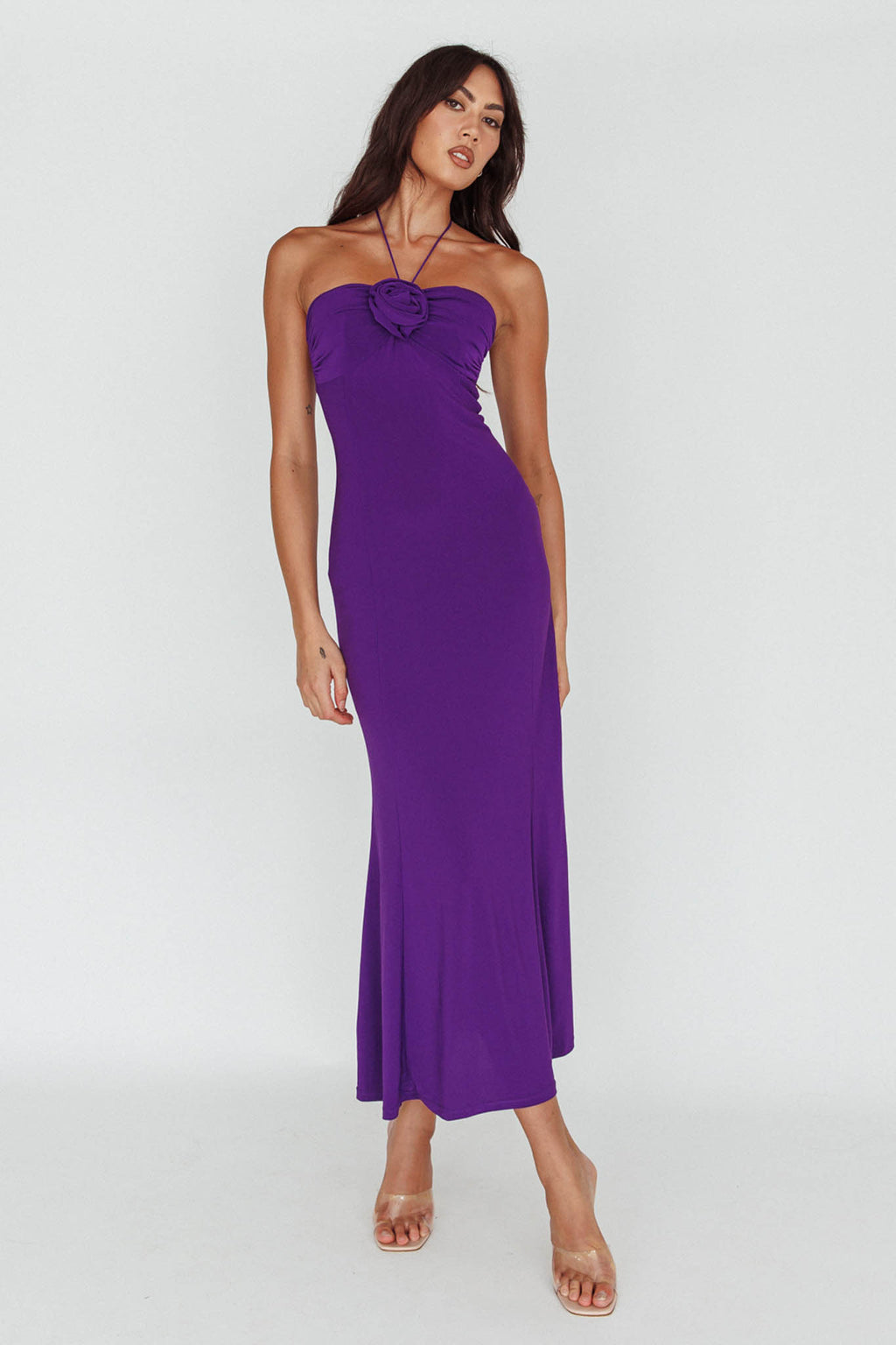 Ibiza Sunset Bust Flower Midi Dress Purple by Selfie Leslie