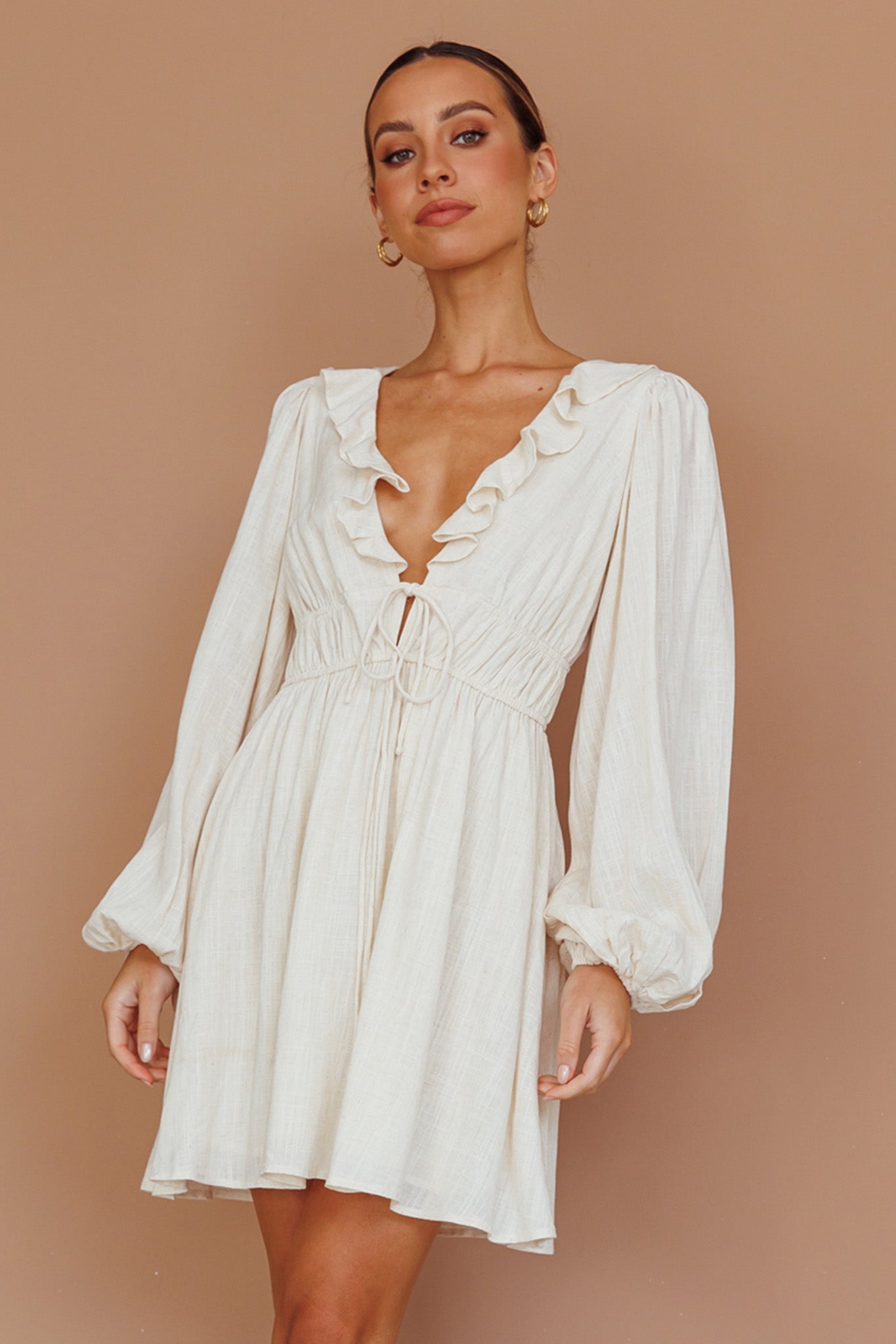 Carnivale Balloon Sleeve Ruffle Mini Dress Oat by Selfie Leslie