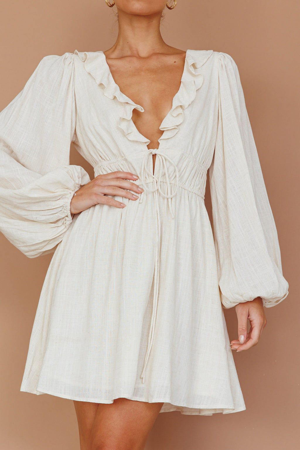 Carnivale Balloon Sleeve Ruffle Mini Dress Oat by Selfie Leslie