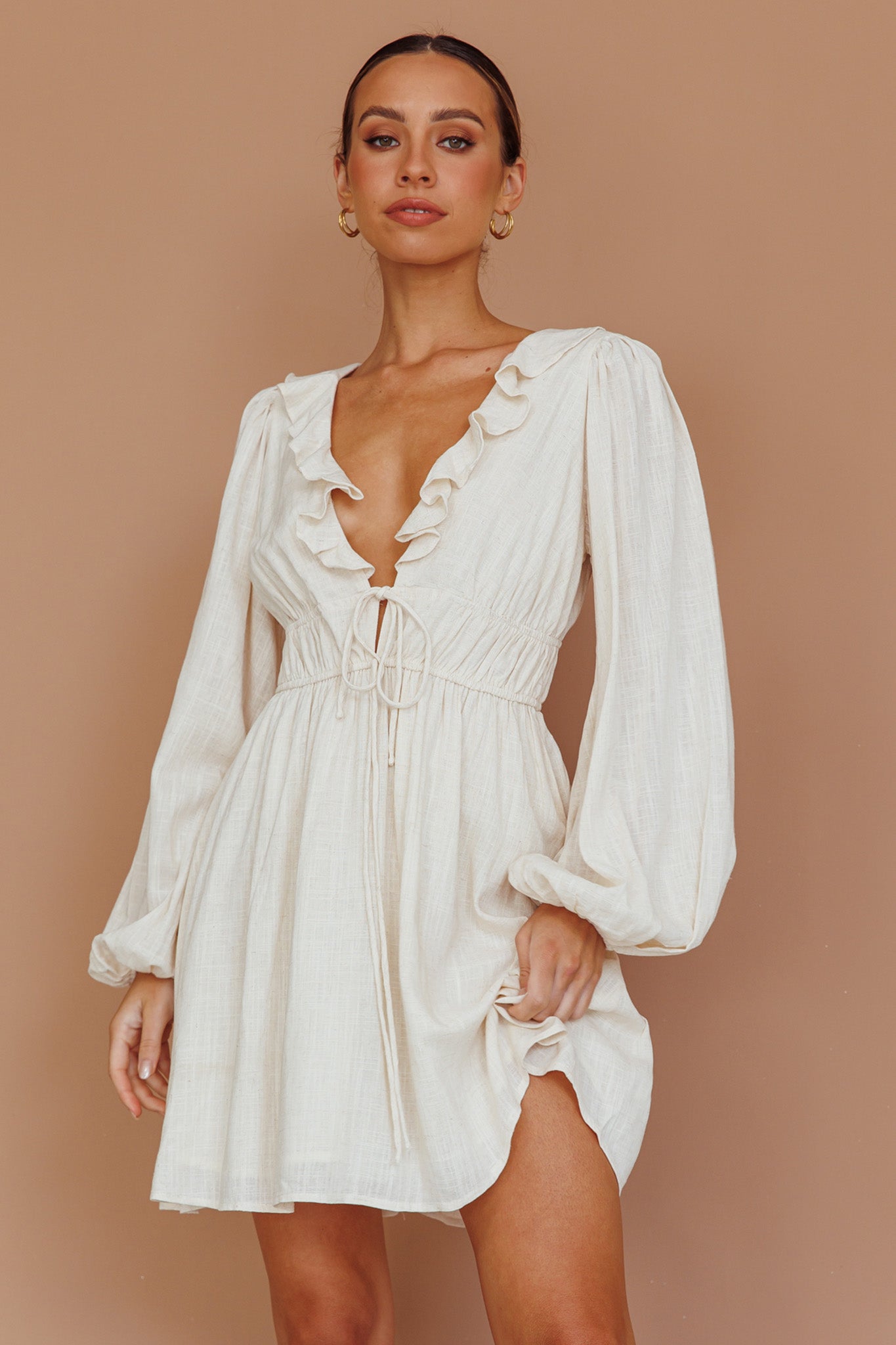 Shop the Carnivale Balloon Sleeve Ruffle Mini Dress Oat