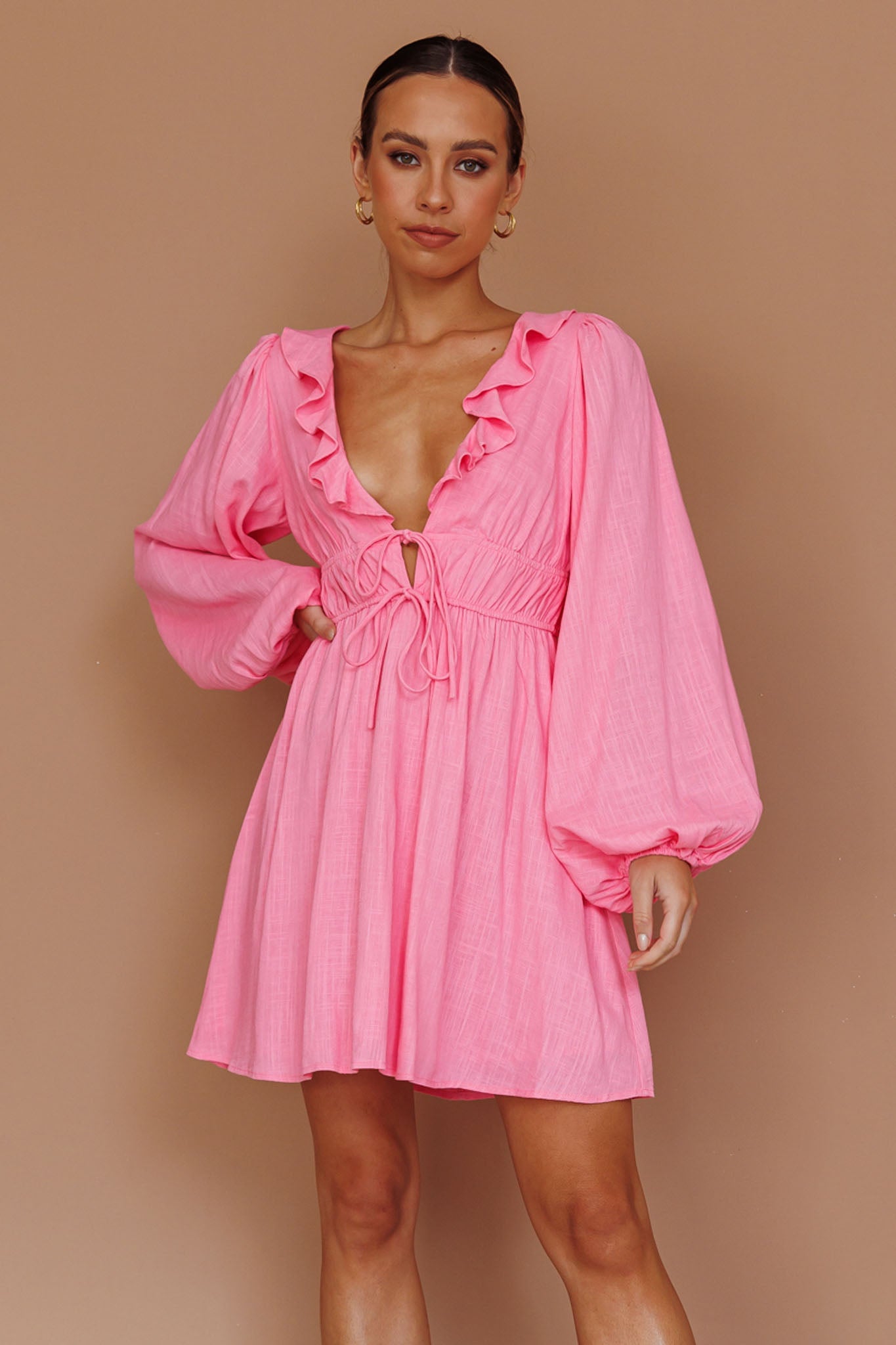 Carnivale Balloon Sleeve Ruffle Mini Dress Pink by Selfie Leslie
