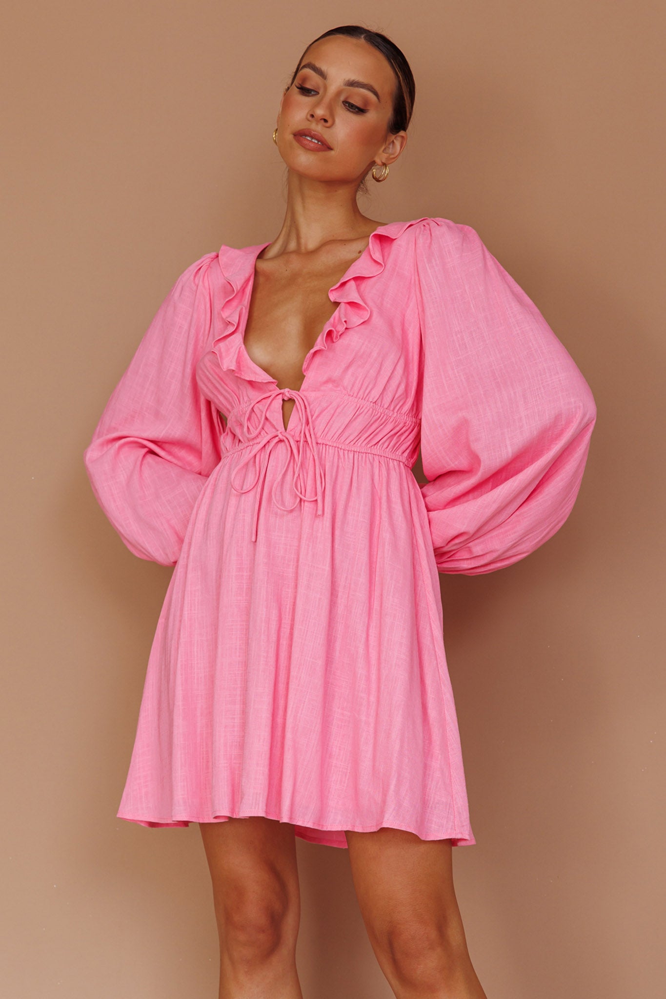 Carnivale Balloon Sleeve Ruffle Mini Dress Pink by Selfie Leslie
