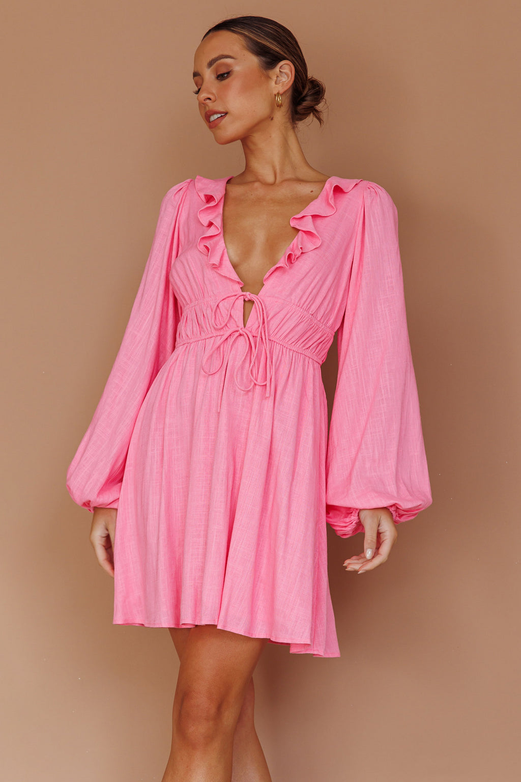 Carnivale Balloon Sleeve Ruffle Mini Dress Pink by Selfie Leslie