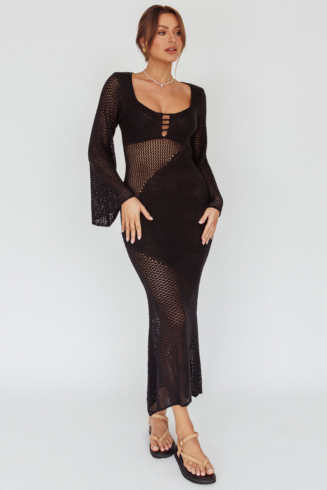 crochet full sleeve dress Long Sleeve Plunge Keyhole Functional Tie Maxi Dress In Blue Crochet | EGO US