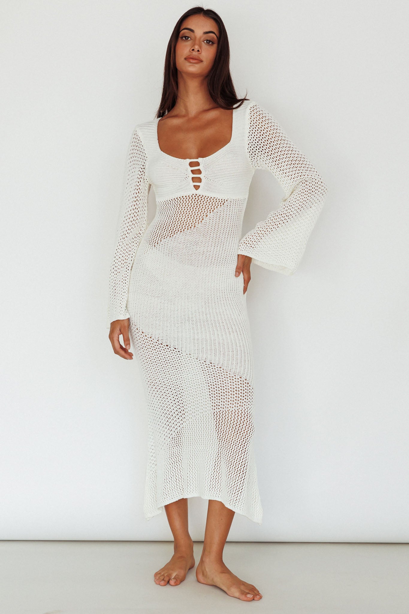 Zizi Long Sleeve Crochet Maxi Dress White– Selfie Leslie