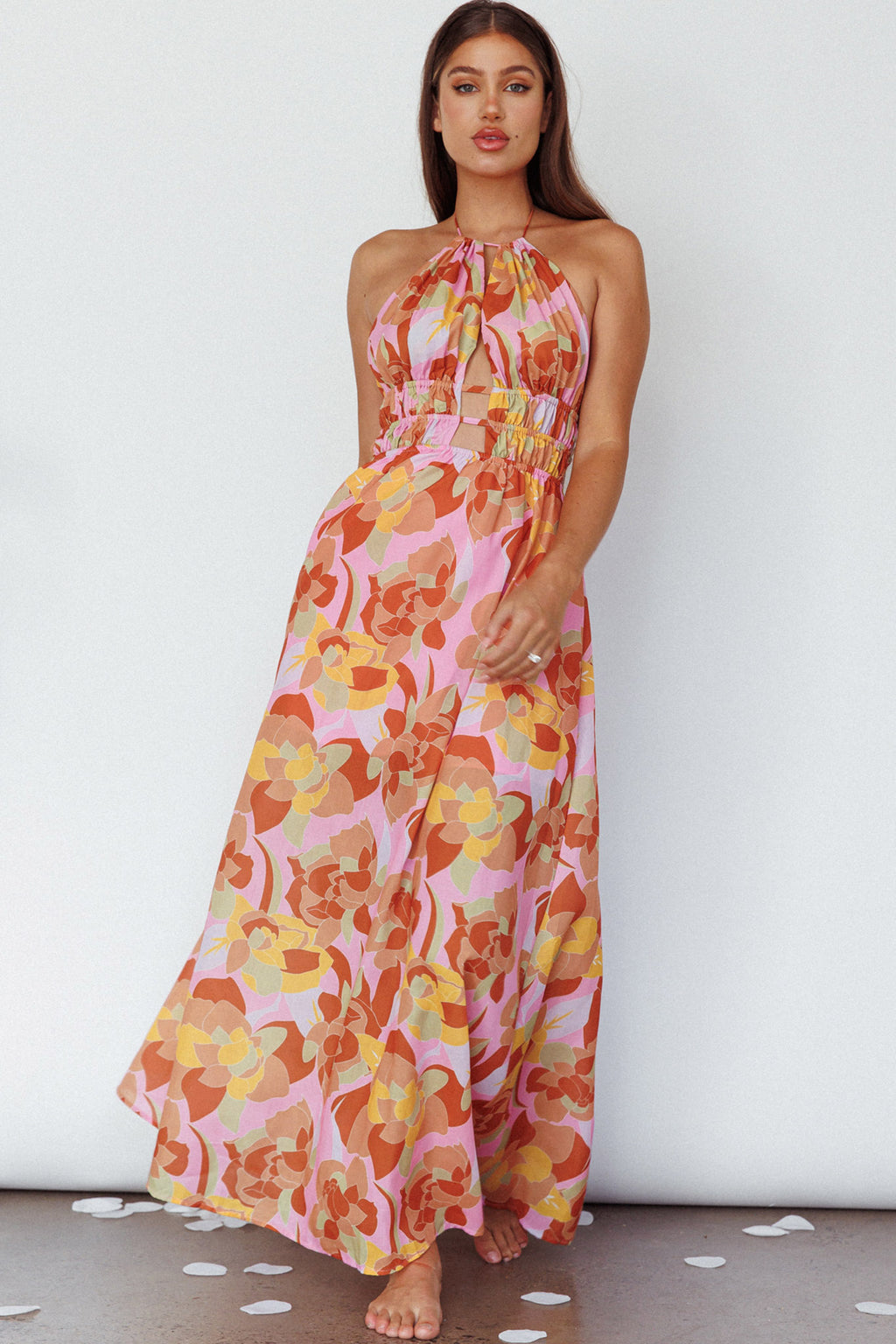 Cyndi Open Back Halterneck Maxi Dress Pink Multi by Selfie Leslie