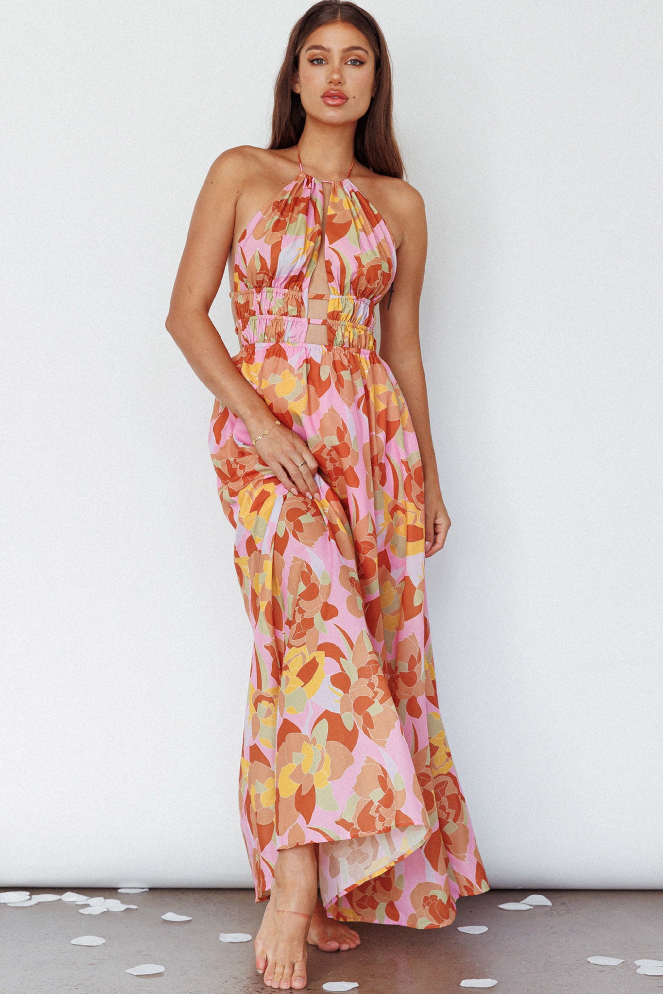 Cyndi Open Back Halterneck Maxi Dress Pink Multi by Selfie Leslie