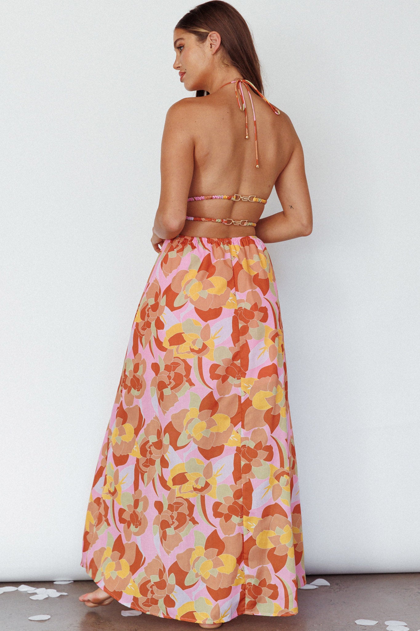 Cyndi Open Back Halterneck Maxi Dress Pink Multi by Selfie Leslie