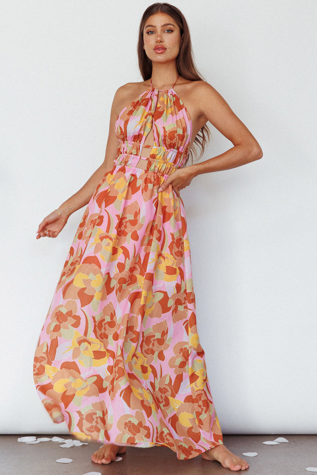 Cyndi Open Back Halterneck Maxi Dress Pink Multi by Selfie Leslie