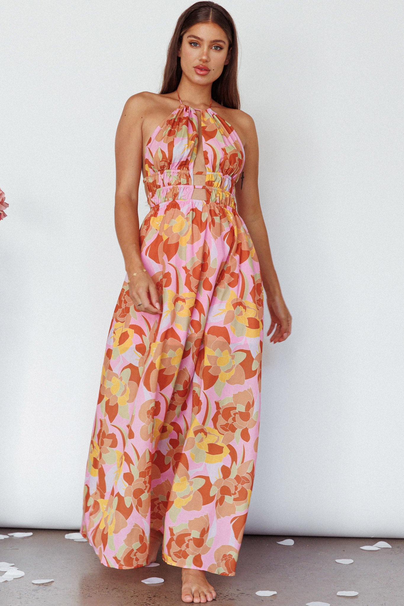 Cyndi Open Back Halterneck Maxi Dress Pink Multi by Selfie Leslie